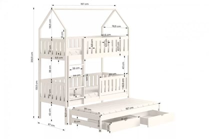 Patrová výsuvná postel domeček Nemos 80x190 cm pro 3 osoby - bílá postel dzieciece patrová  výsuvná Nemos - Rozměry