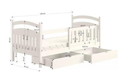Dřevěná dětská postel Amely 80x180 cm - bílá dřevěná dětská postel Amely - Rozměry