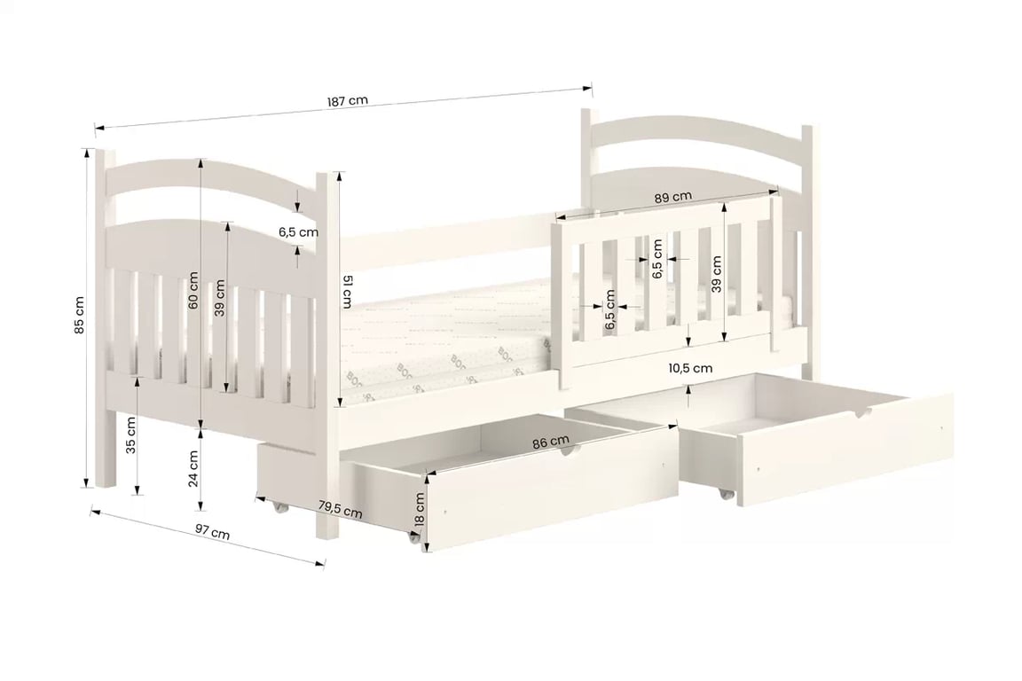 Detská posteľ Amely so zásuvkami - 90x180 cm - biela Posteľ detská drevená Amely - Rozmery