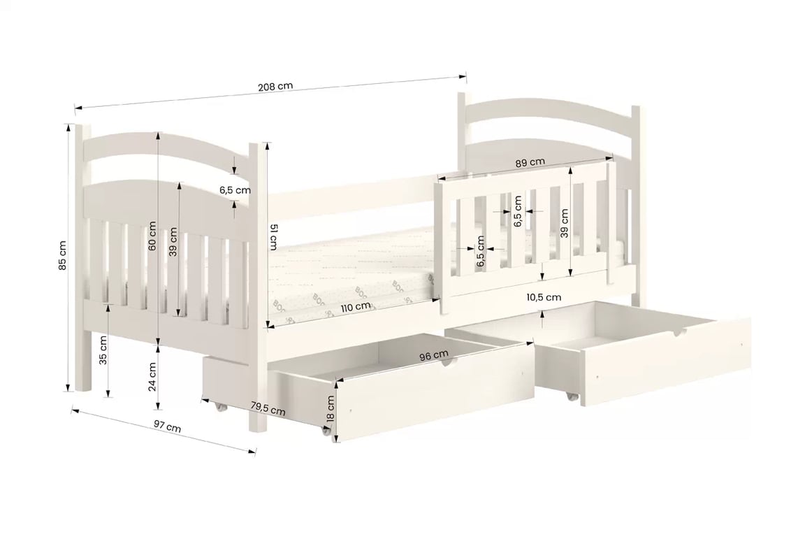 Detská posteľ Amely so zásuvkami - 90x200 cm - biela Posteľ detská drevená Amely - Rozmery