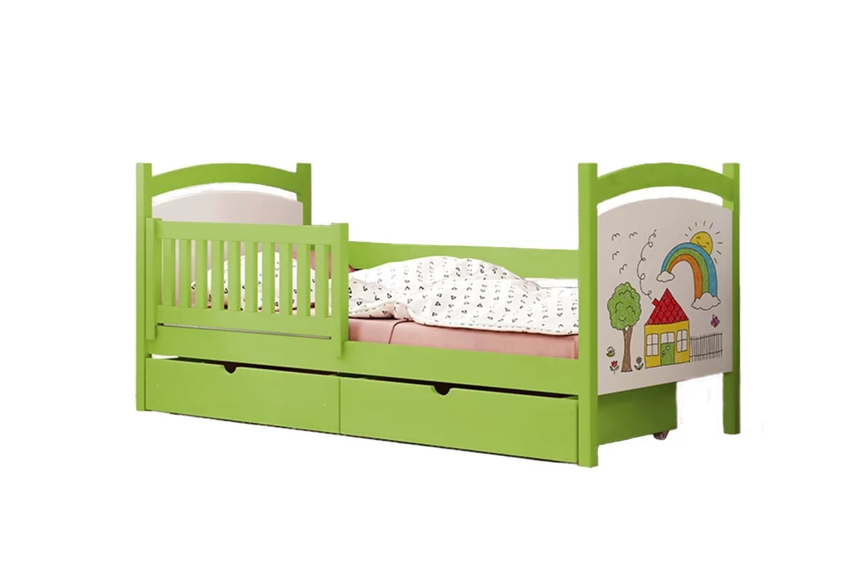 Posteľ dzieciece drevená z tablica suchoscieralna Amely 80x190 - Limetka - Koncovka Série Posteľ dzieciece drevená z tablica suchoscieralna Amely 80x190 Certyfikat - Limetka - Koncovka Série