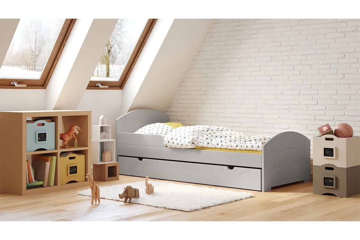 Detská drevená posteľ Fibi s výsuvným extra lôžkom szare Detská posteľ z wezglowiem