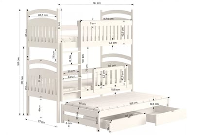 Dětská patrová výsuvná postel Amely 90x190 cm pro 3 děti - bílá 