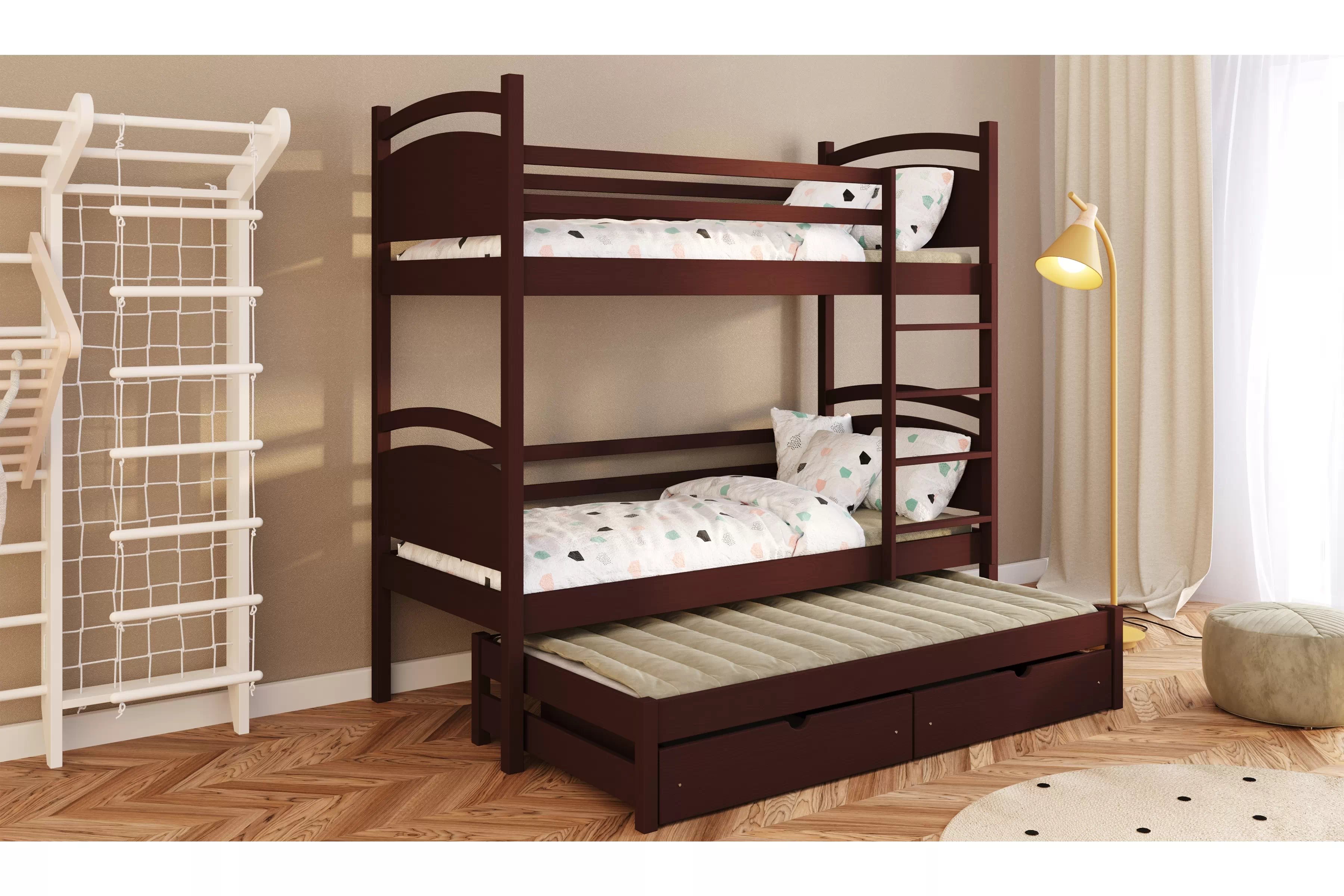 Poschodová posteľ s prístelkou Pinoki - hnedý, 90x200 Posteľ dzieciece poschodová výsuvna Pinoki - 90x200 / Hnedý