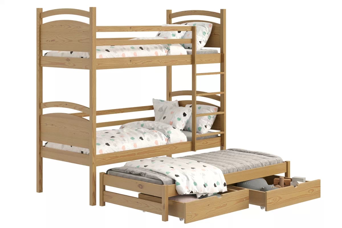 Poschodová posteľ s prístelkou Pinoki - dub, 90x200 Posteľ dzieciece poschodová výsuvna Pinoki - 90x200 / Dub
