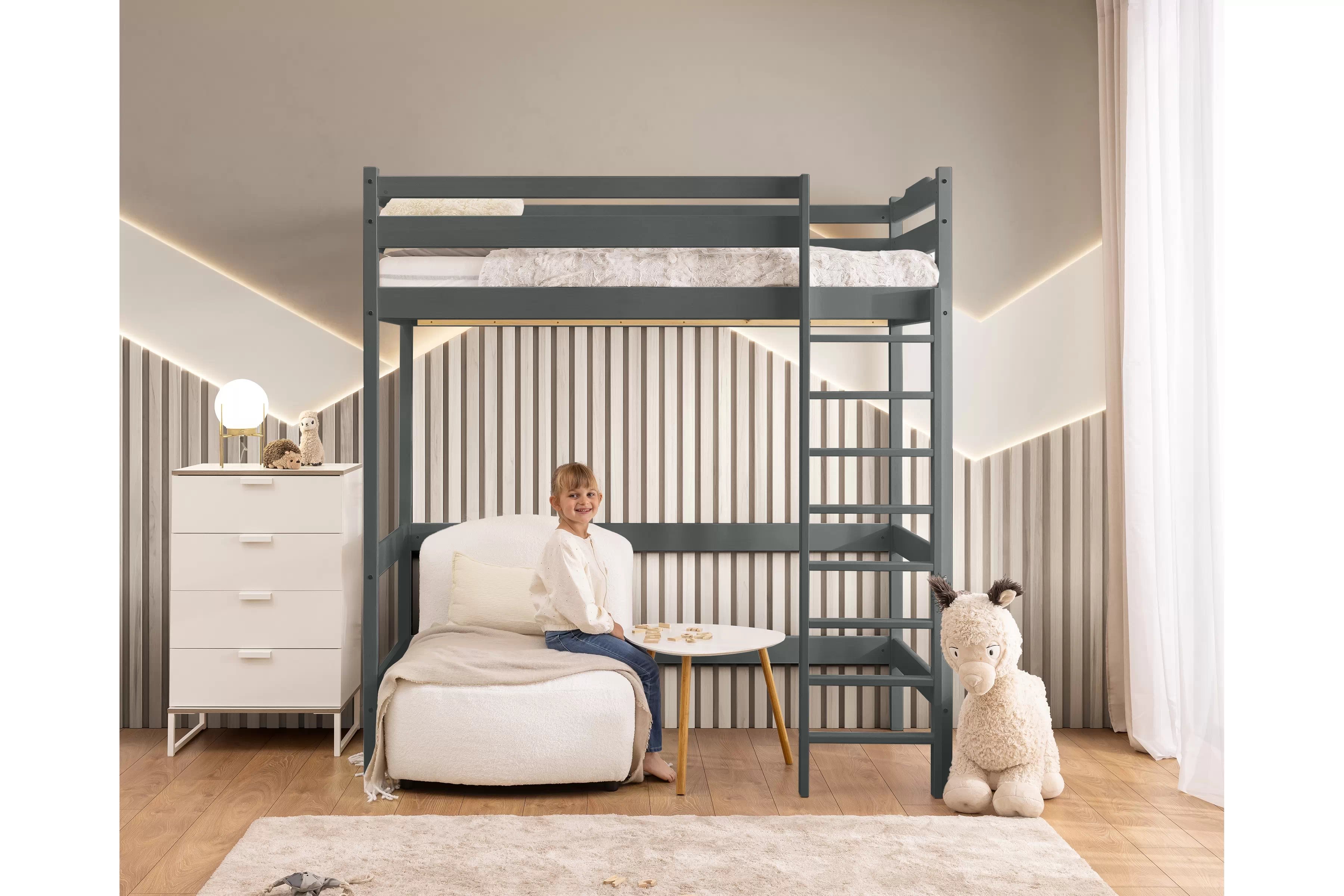 Vyvýšená detská posteľ Samio - 90x180 cm - grafitová Posteľ dzieciece Samio 90x180 vyvýšená - grafit