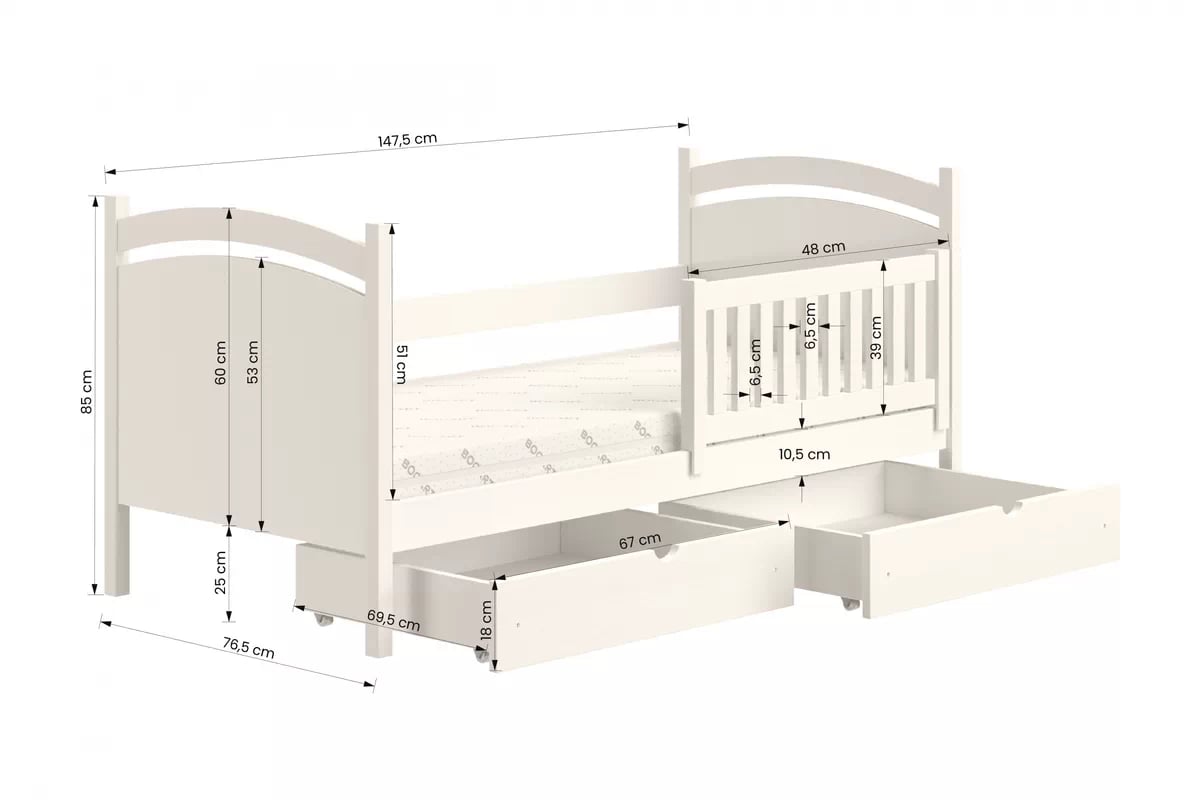 Detská posteľ Amely s tabuľou stierateľnou za sucha - 70x140 cm - biela Posteľ dzieciece z tablica suchoscieralna Amely - Rozmery