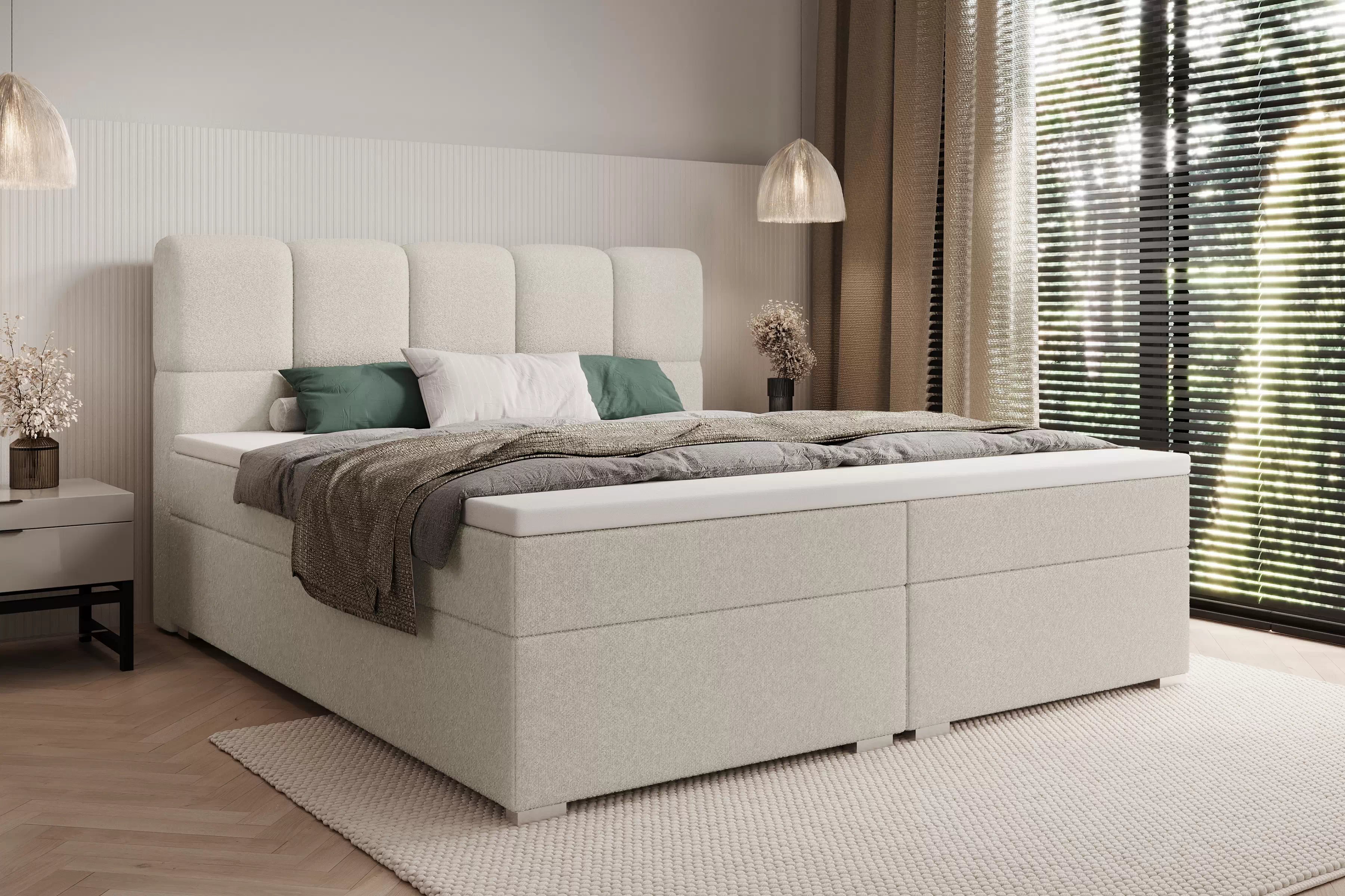 Kontinentálna posteľ Carello 160x200 s úložným priestorom - svetlobéžová buklé Quelle 02 Boxspring posteľ Carello 160x200 s úložným priestorom - svetlý Béžová bukla Quelle 02 