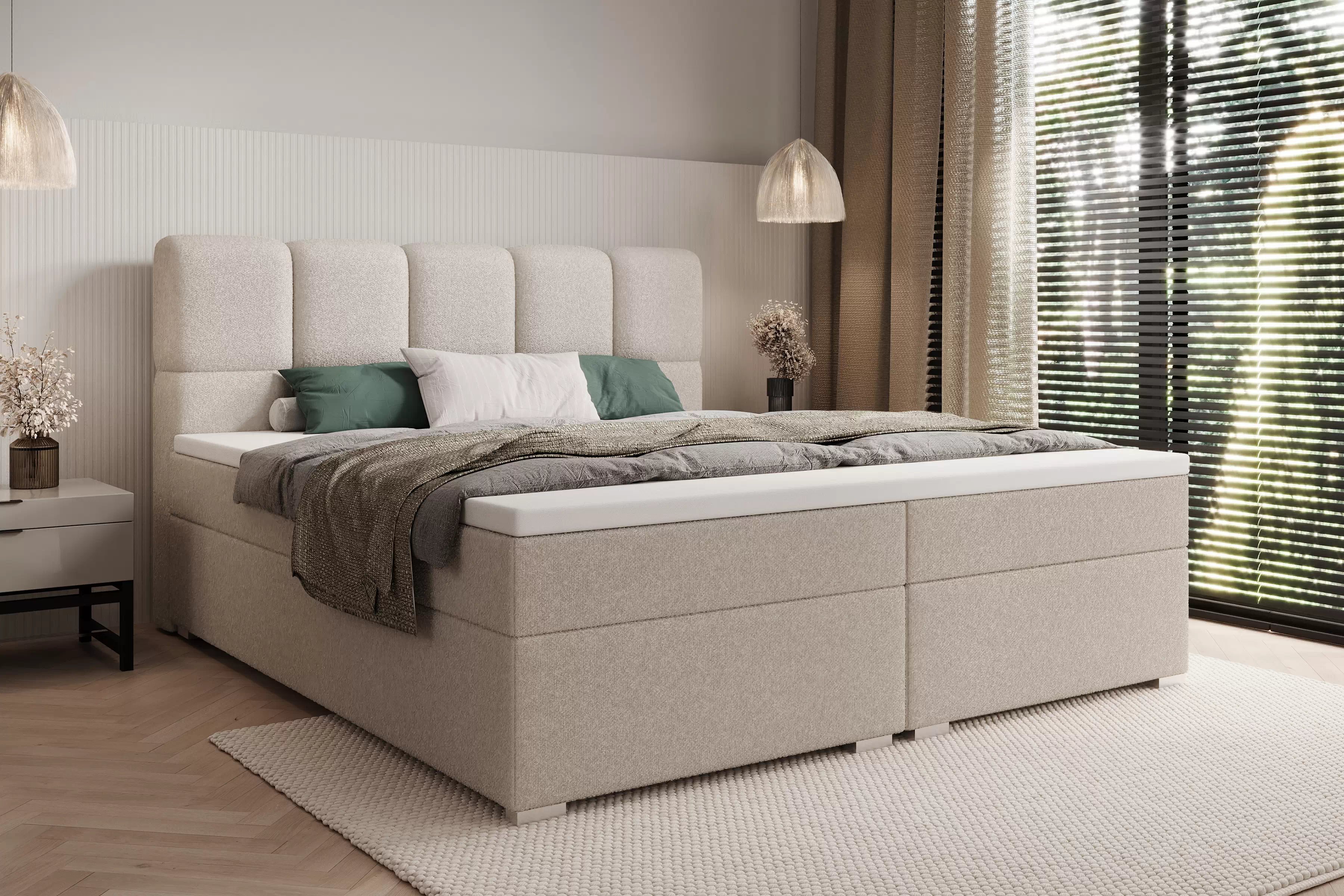 Kontinentálna posteľ Carello 180x200 s úložným priestorom - béžová buklé Quelle 05 Boxspring posteľ Carello 180x200 s úložným priestorom - Béžová bukla Quelle 05