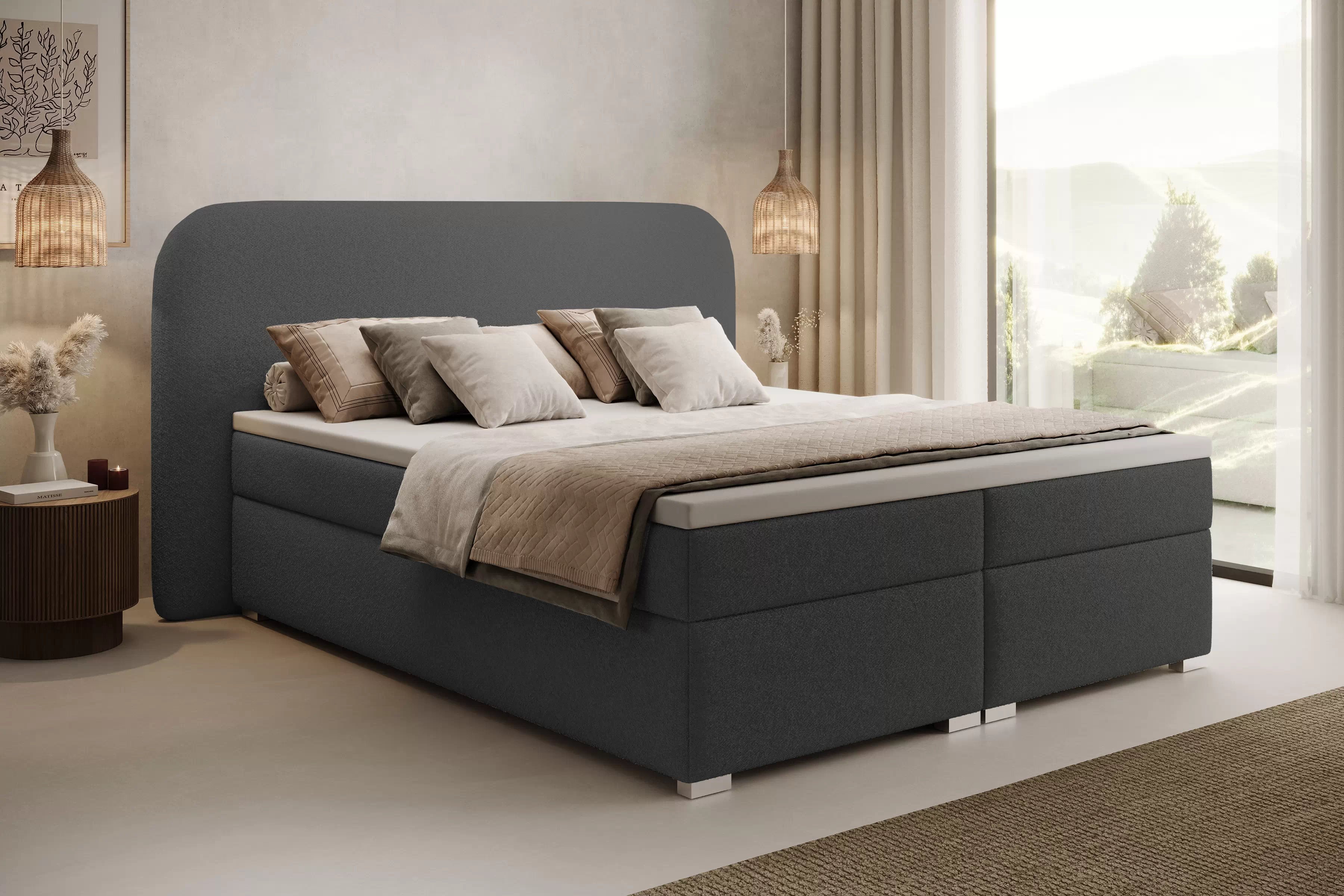 Kontinentálna posteľ Eleris 180x200 s úložným priestorom - tmavosivá buklé Quelle 92 Boxspring posteľ Eleris 180x200 s úložným priestorom - Tmavý šedý bukla Quelle 92