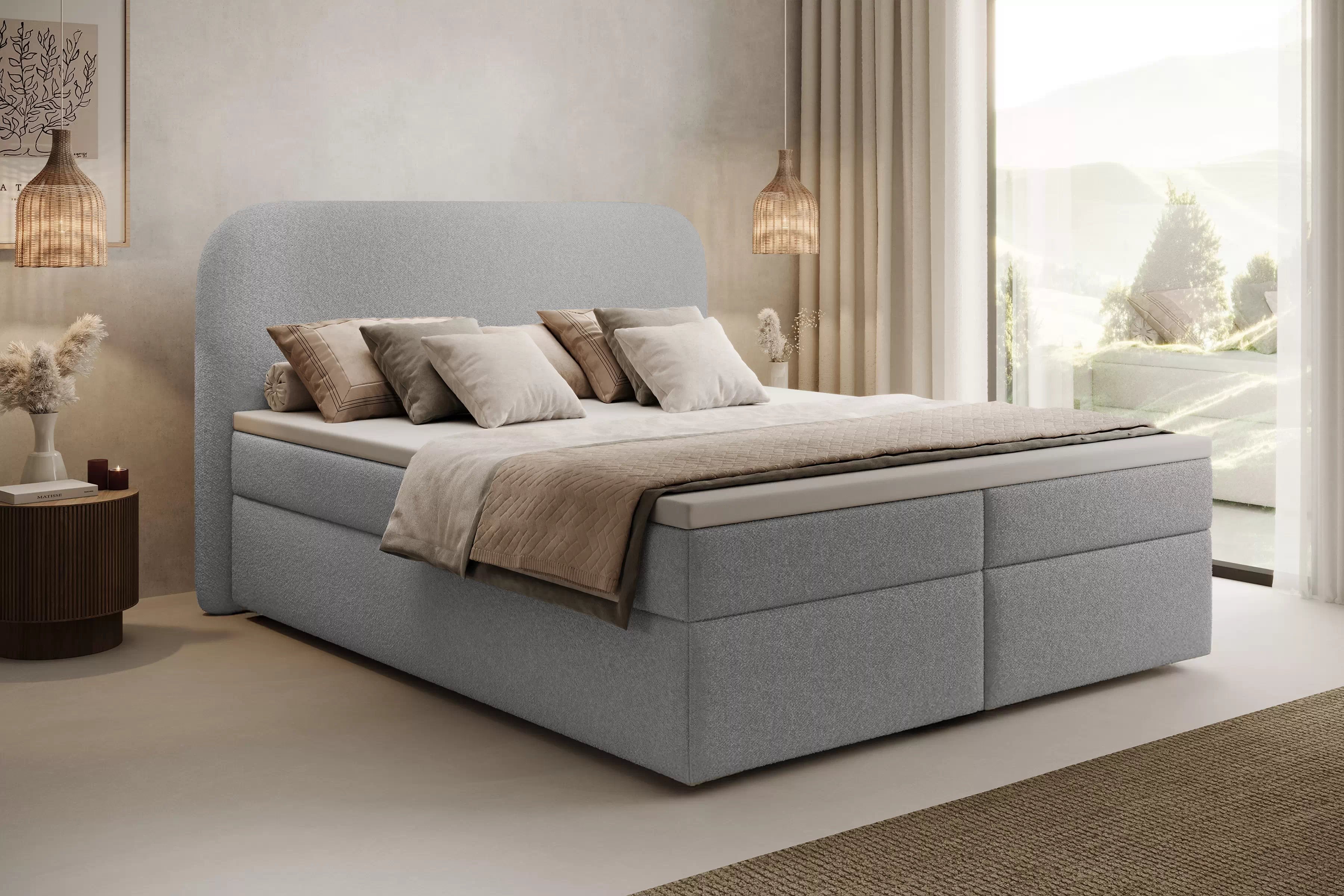 Boxspring posteľ Eleris 180x200 s úložným priestorom - sivé buklé Quelle 83 Boxspring posteľ Eleris 180x200 s úložným priestorom - šedá bukla Quelle 83 