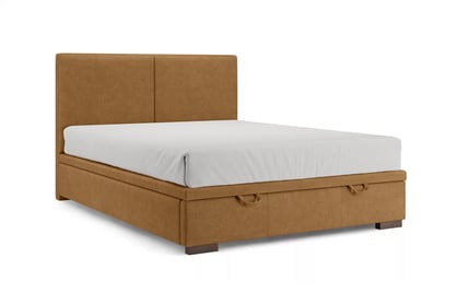 Čalouněná boxspring postel Lektis 140x200 s úložným prostorem - medově hnědá látka Maya 06 / nohy wenge