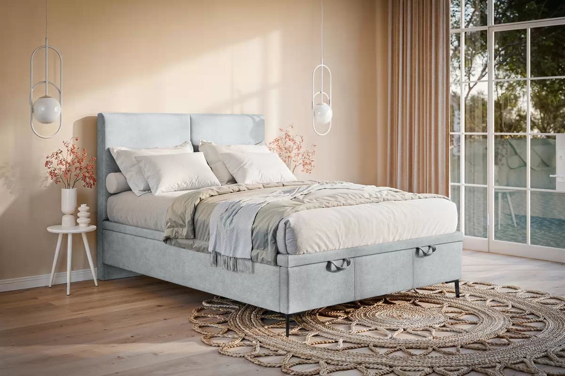 Čalouněná boxspring postel Lektis 140x200 s úložným prostorem - popelavá látka Maya 20 / černé kovové nohy Postel boxspring Lektis 140x200 s úložným prostorem- popielata potahová látka snadno čistitelný Maya 20 / Nohy kovové černá