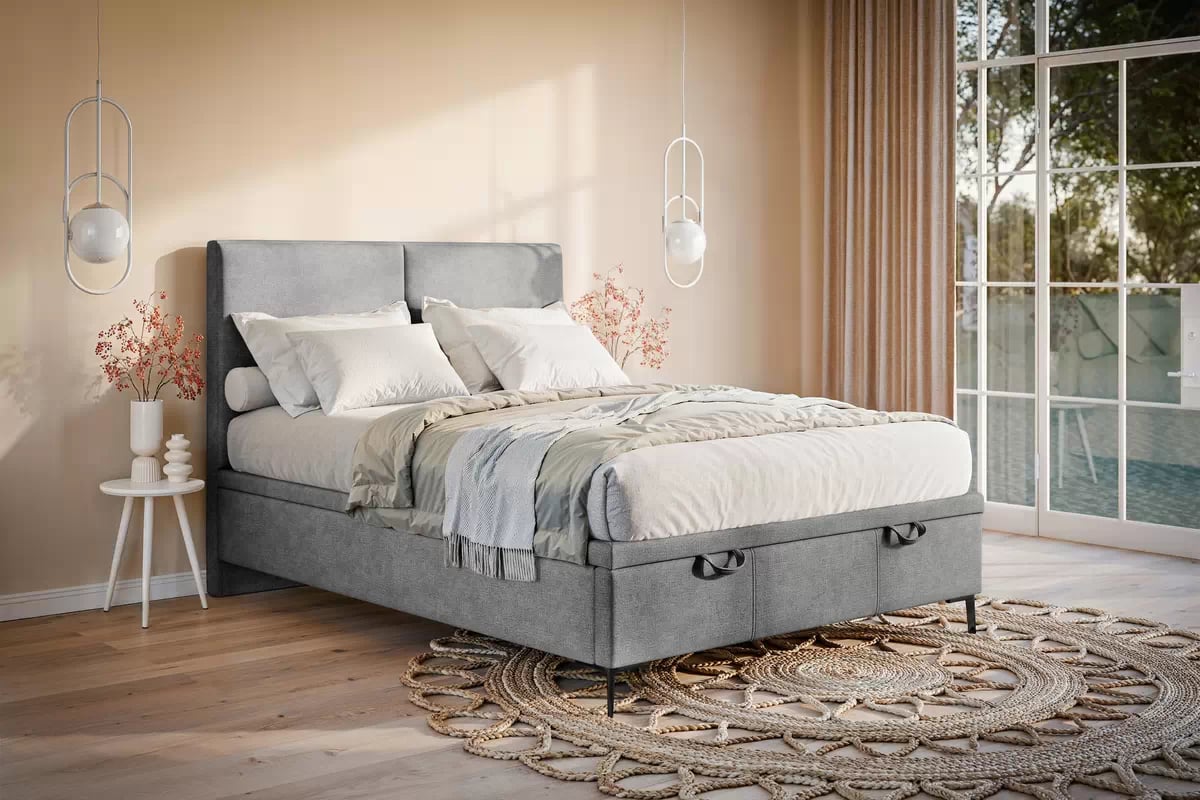 Čalouněná boxspring postel Lektis 160x200 s úložným prostorem - šedá látka Maya 18 / černé kovové nohy Postel boxspring Lektis 160x200 s úložným prostorem- šedá potahová látka snadno čistitelný Maya 18 / Nohy kovové černá