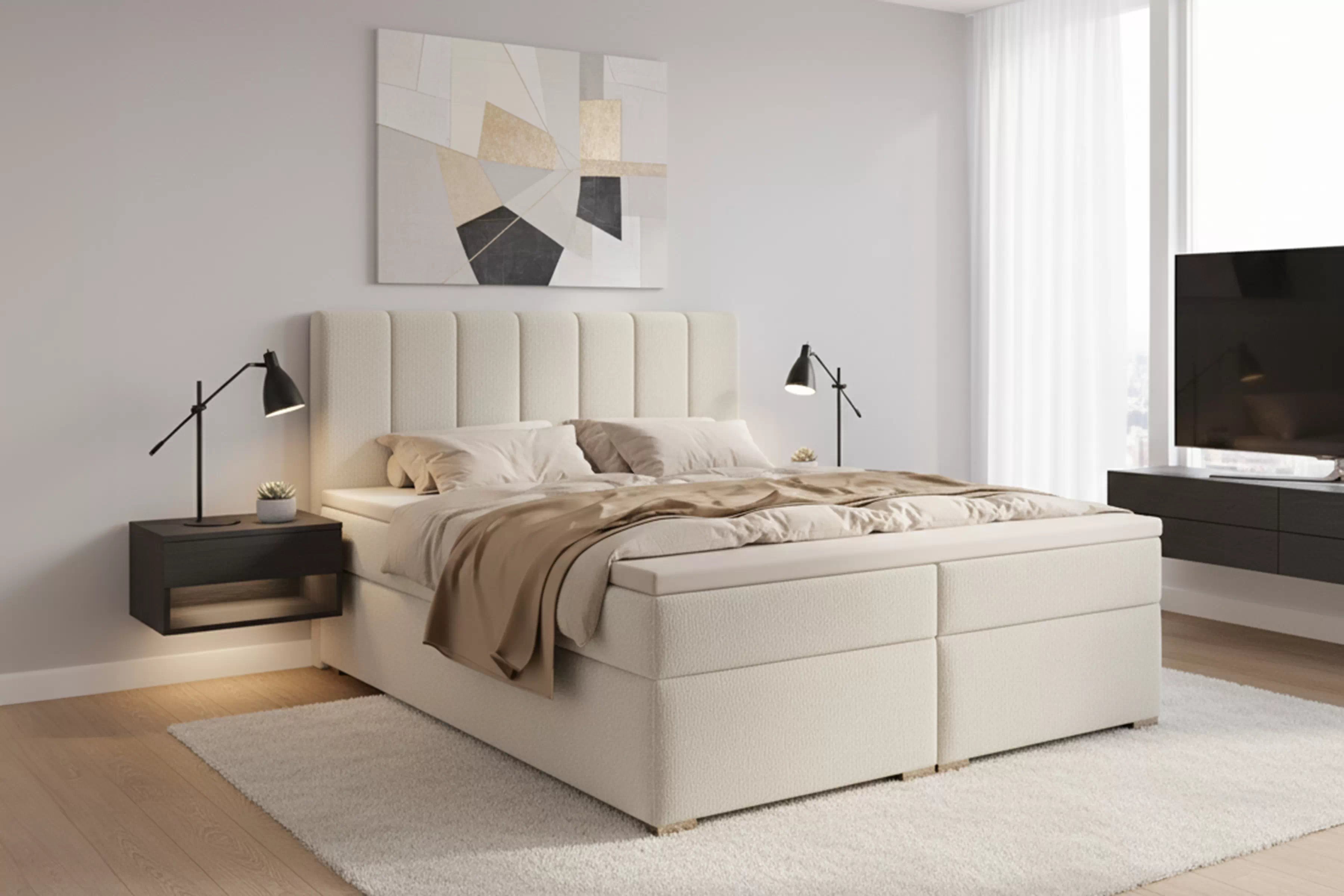 Boxspring posteľ Mareli 160x200 s úložným priestorom - svetlobéžové buklé Quelle 02 Boxspring posteľ Mareli 160x200  s úložným priestorom - svetlý Béžová plusz Quelle 02 