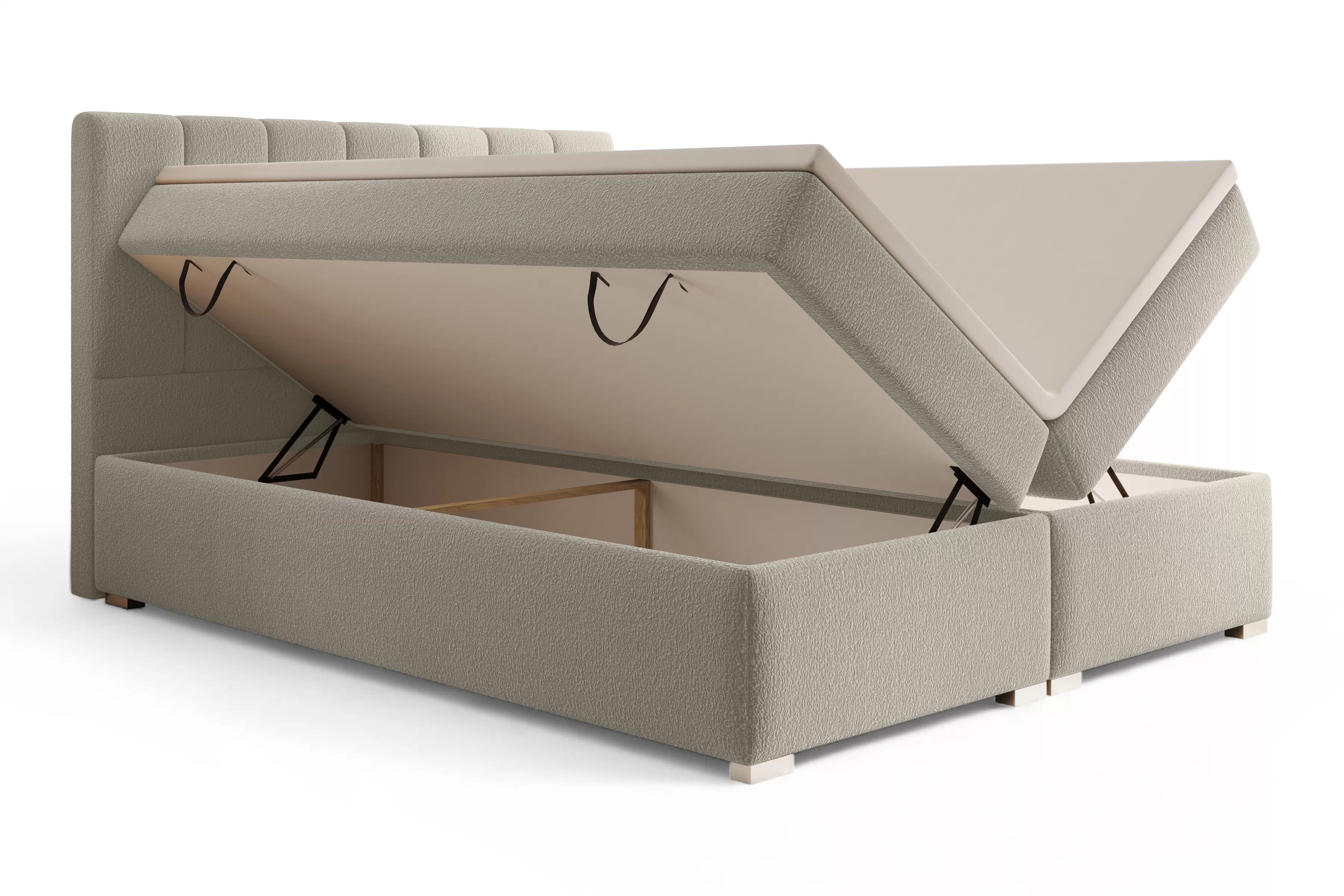 Kontinentální postel Mareli 160x200 s úložným prostorem - tmavě béžová bouclé Quelle 05 Postel boxspring Mareli 160x200 s úložním prostorem - béžová bukla Quelle 05