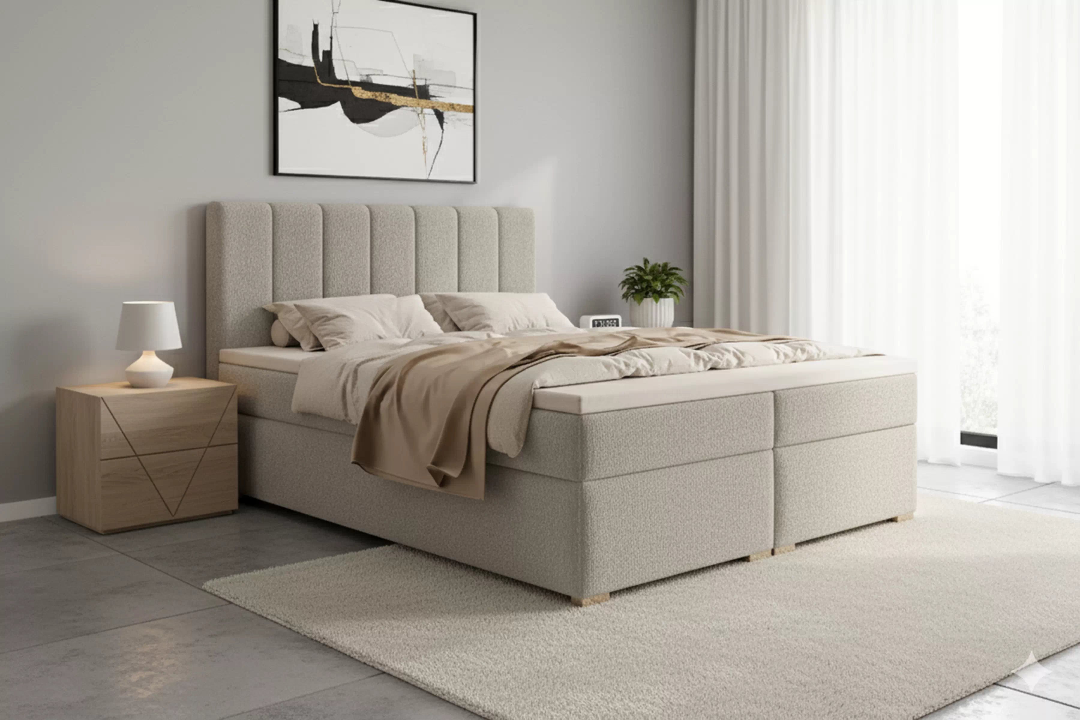 Kontinentální postel Mareli 160x200 s úložným prostorem - tmavě béžová bouclé Quelle 05 Postel boxspring Mareli 160x200 s úložním prostorem - béžová bukla Quelle 05