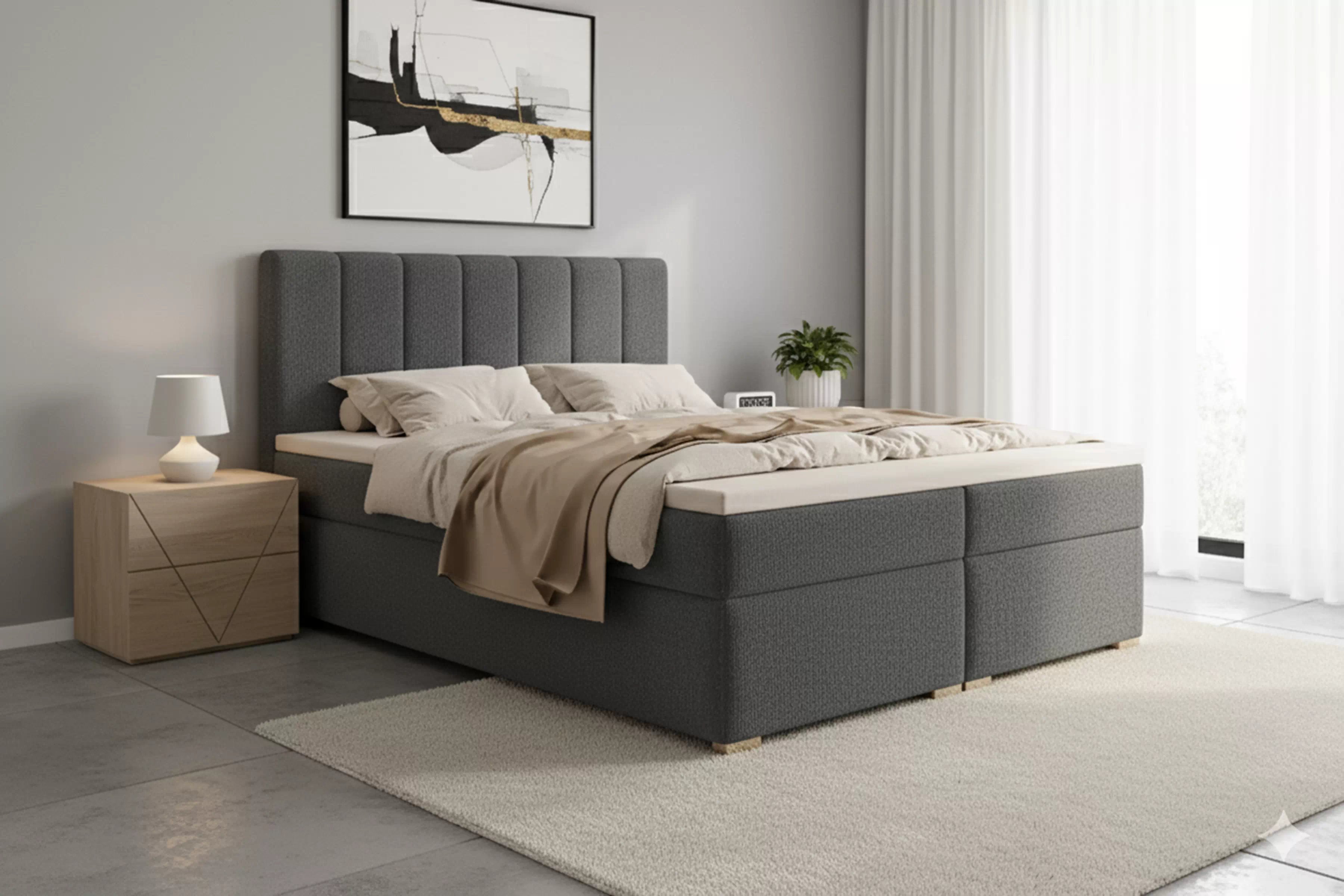 Kontinentálna posteľ Mareli 160x200 s úložným priestorom - tmavosivá buklé Quelle 92 Boxspring posteľ Mareli 160x200 s úložným priestorom - ciemy šedý bukla Quelle 92