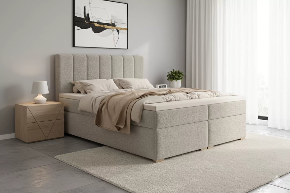 Kontinentální postel Mareli 180x200 s úložným prostorem - béžová bouclé Quelle 05 Postel boxspring Mareli 180x200 s úložním prostorem - béžová bukla Quelle 05