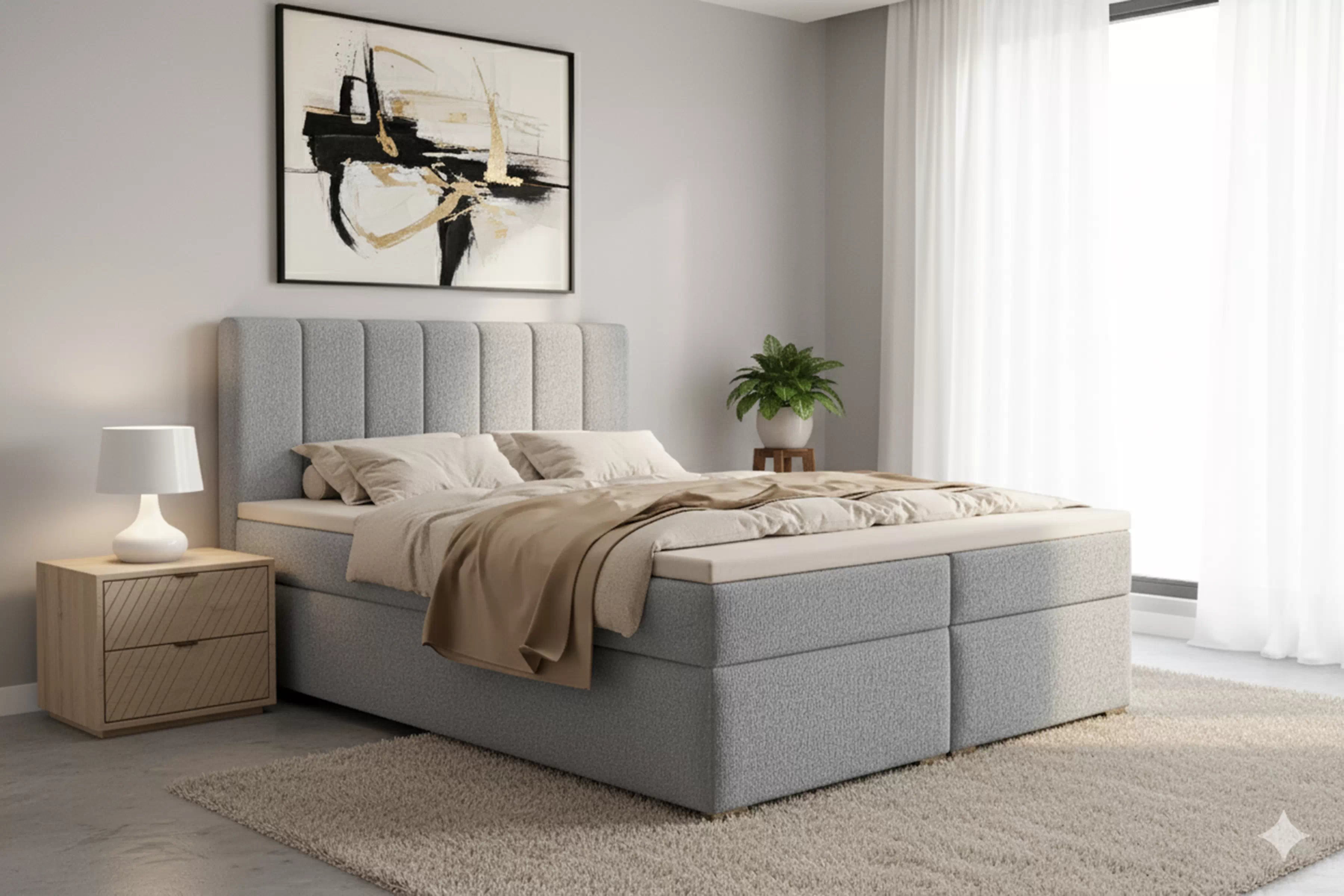 Kontinentální postel Mareli 180x200 s úložným prostorem - šedá bouclé Quelle 83 Postel boxspring Mareli 180x200 s úložním prostorem - šedá bukla Quelle 83