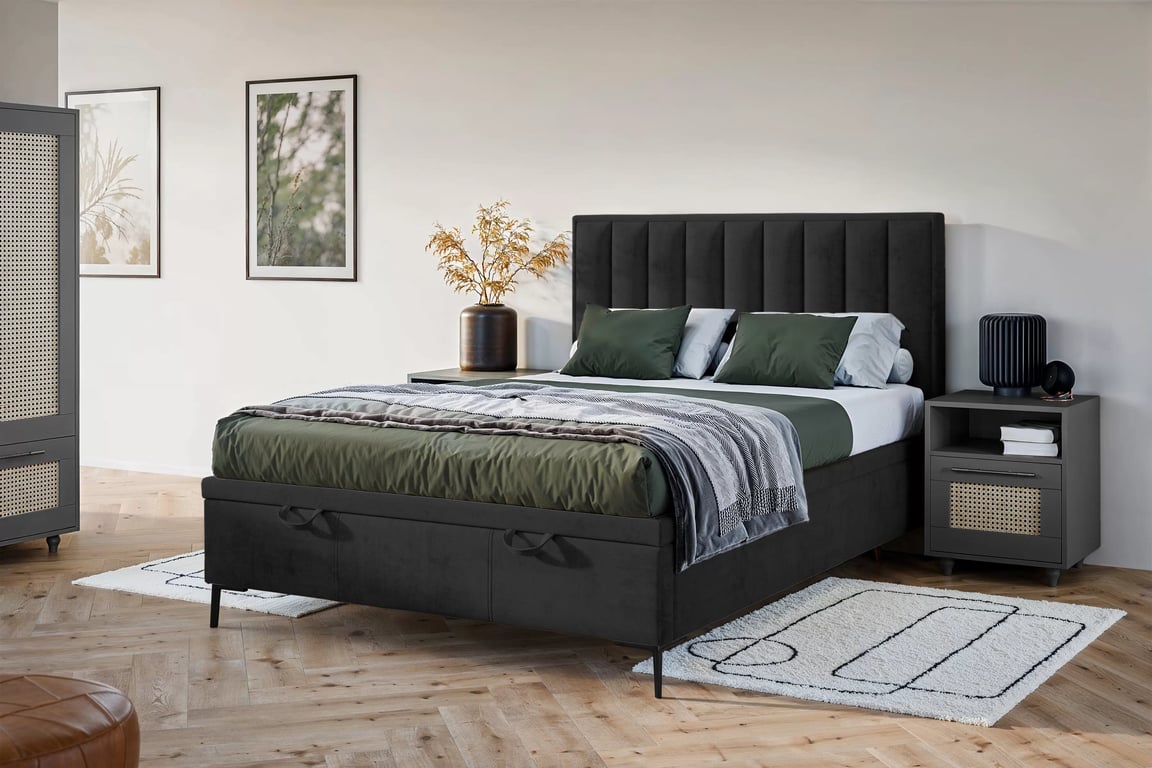 Boxspring postel Misel 140x200 s úložným prostorem - černý samet Magic Velvet 2219 / černé nohy Postel boxspring Misel 140x200 s úložným prostorem- černá samet Magic Velvet 2219 / Nohy černá 