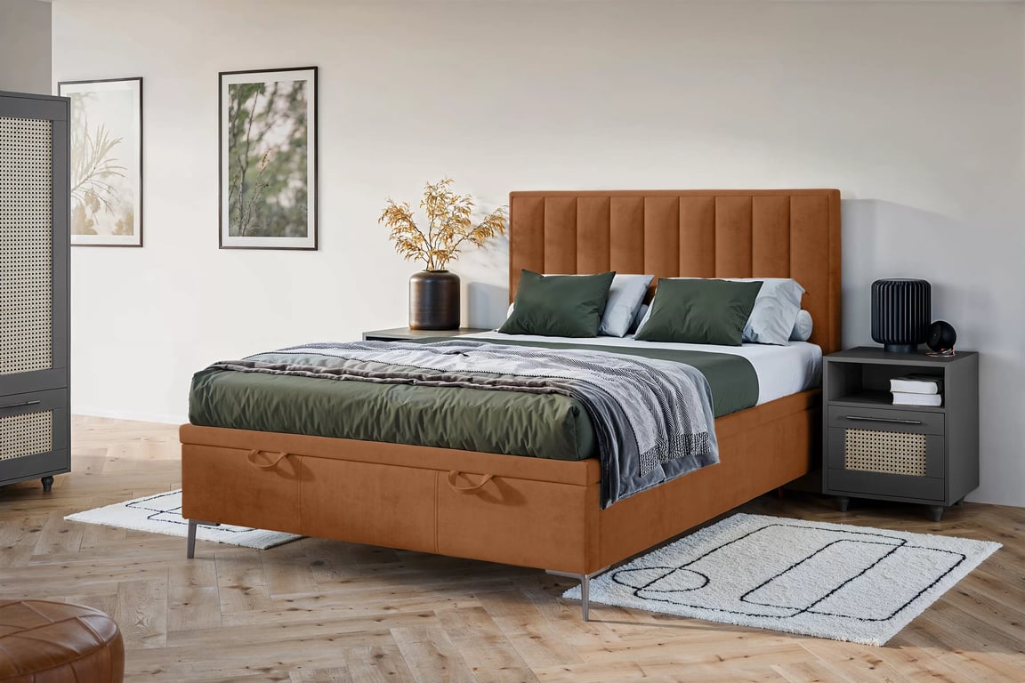 Boxspring postel Misel 140x200 s úložným prostorem - cihlový samet Magic Velvet 2213 / stříbrné nohy Postel boxspring Misel 140x200 s úložným prostorem- cihlová samet Magic Velvet 2213 / Nohy srebrne