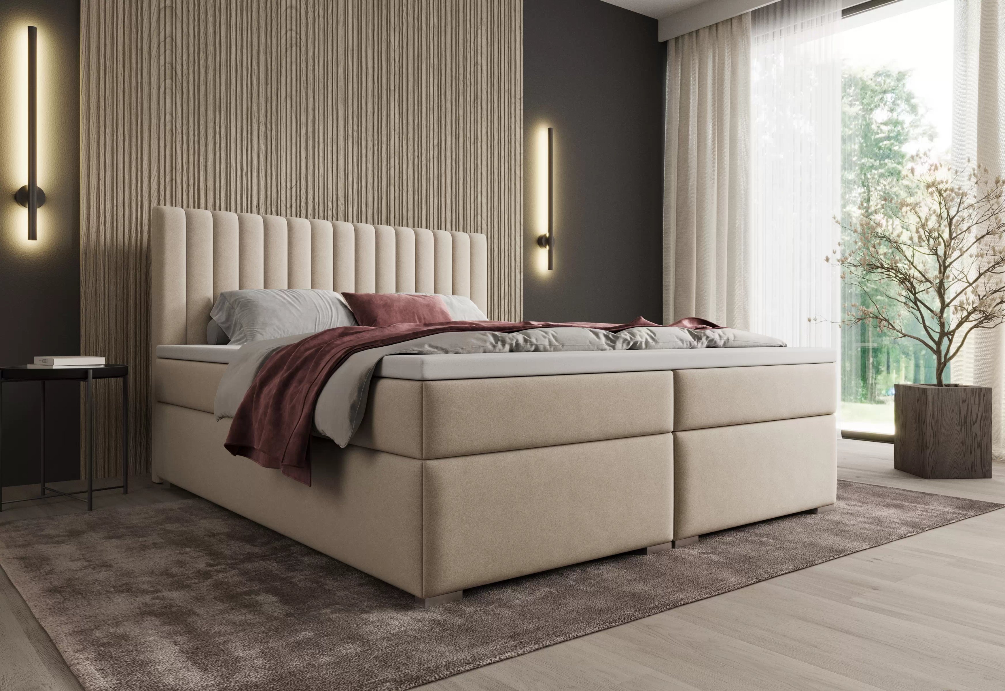 Boxspring posteľ Solani 160x200 s úložným priestorom - svetlobéžový zamat Castel 03 Boxspring posteľ Solani 160x200 s úložným priestorom - svetlý Béžová velúr Castel 03