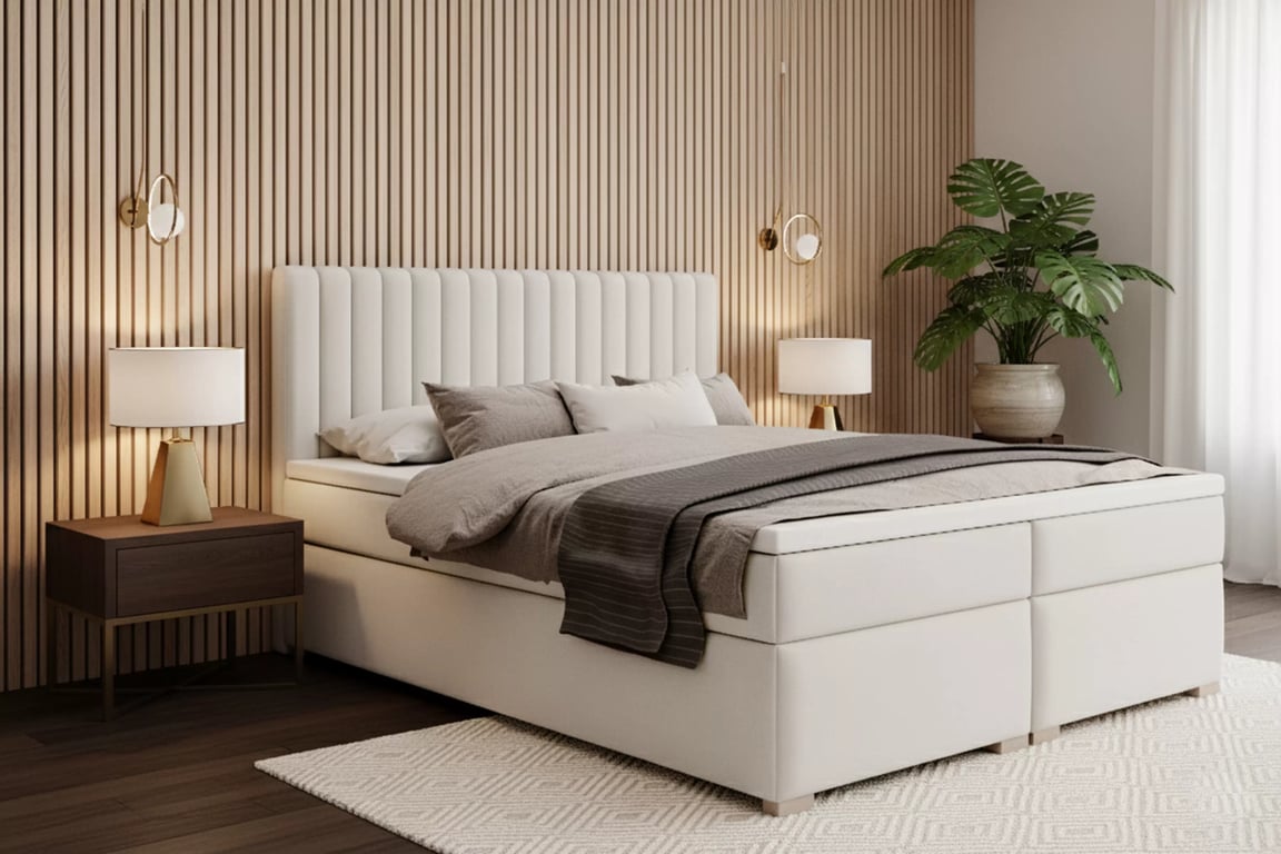 Kontinentální postel Solani 180x200 s úložným prostorem - světle béžový samet Castel 03 Postel boxspring Solani 180x200 s úložním prostorem - světlý béžová samet Castel 03 