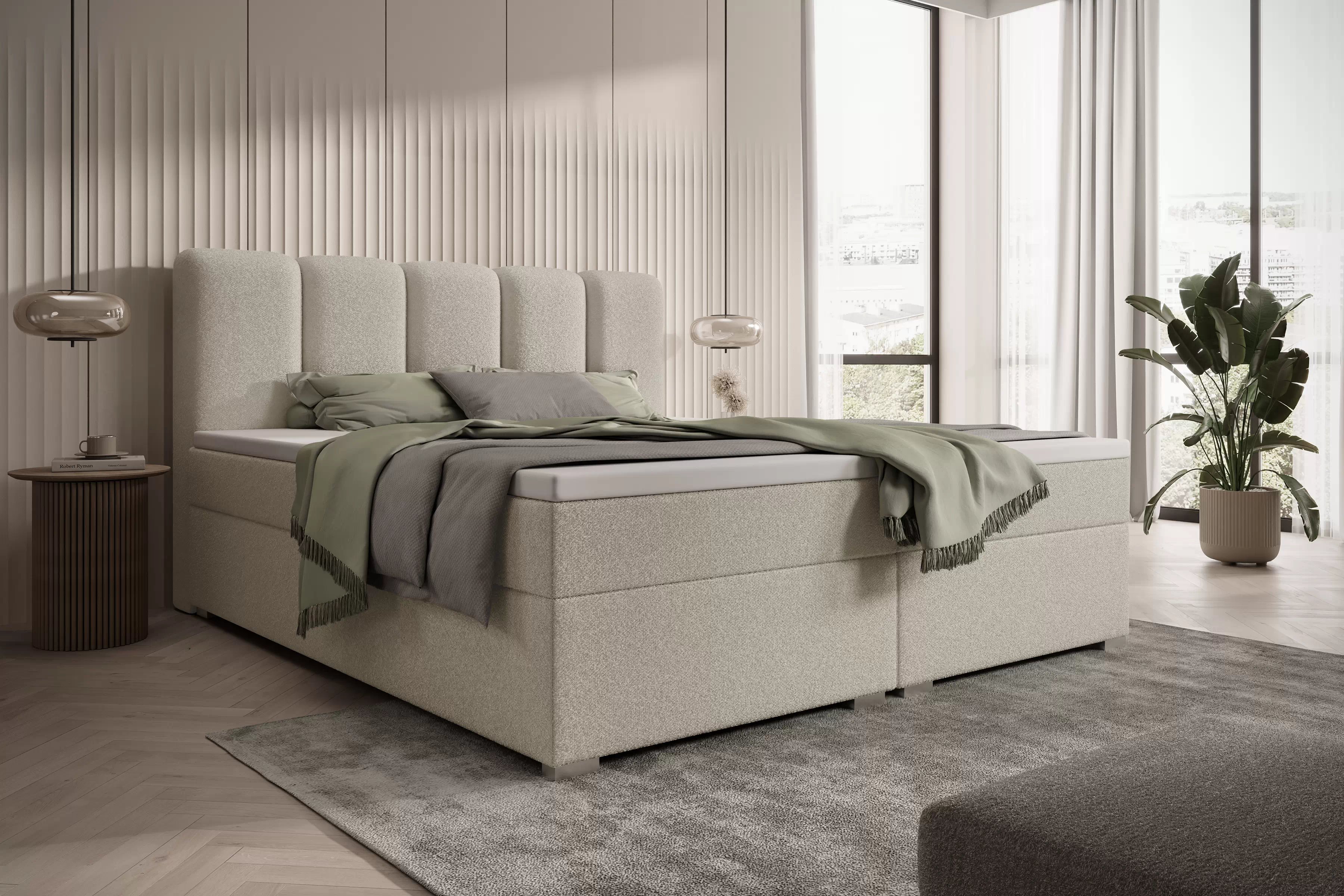 Boxspring posteľ Tenor 160x200 s úložným priestorom - svetlobéžové buklé Quelle 02 Boxspring posteľ Tenor 160x200 s úložným priestorom - svetlý Béžová bukla Quelle 02 