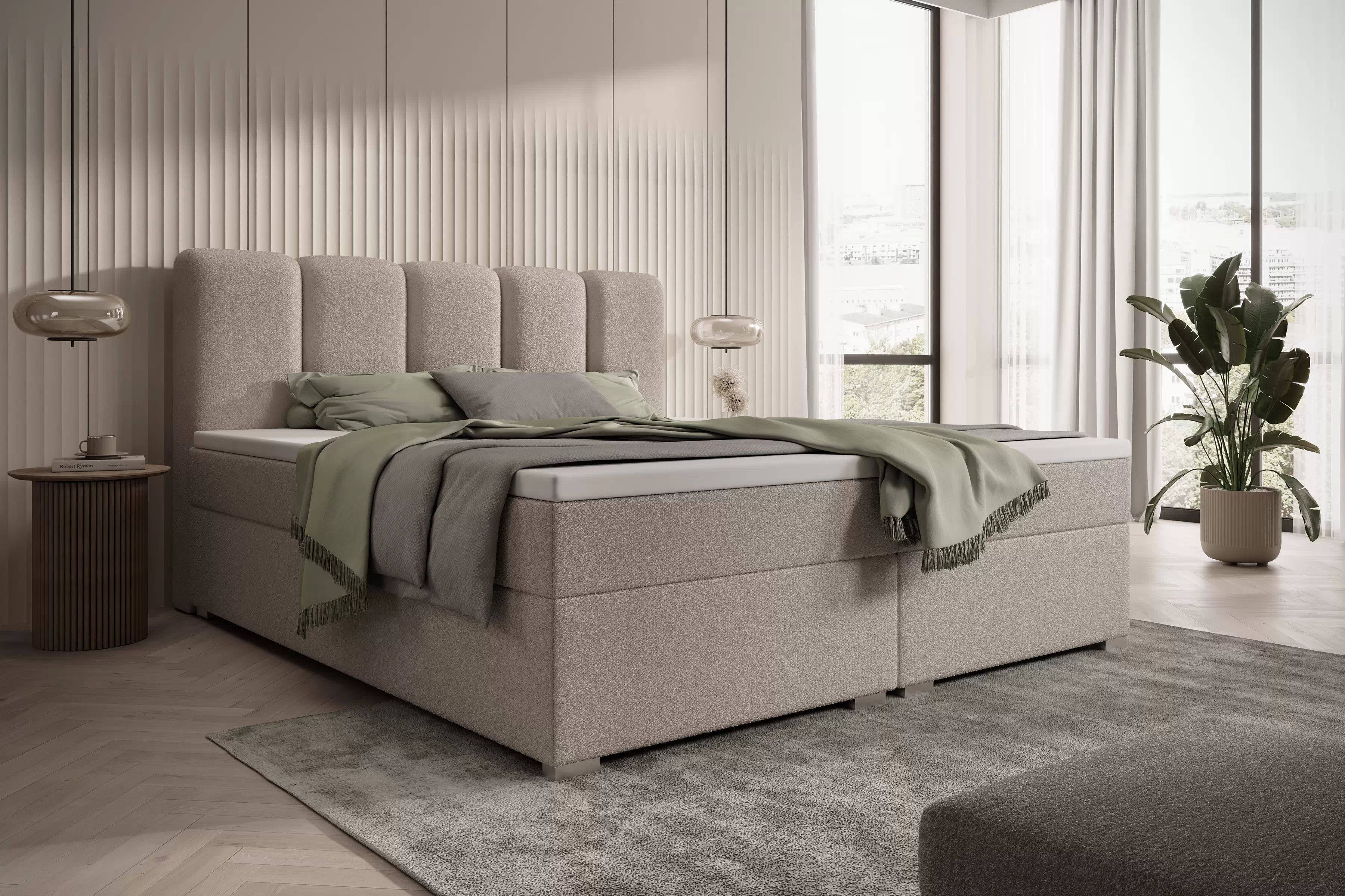 Boxspring posteľ Tenor 180x200 s úložným priestorom - béžové buklé Quelle 05 Boxspring posteľ Tenor 180x200 s úložným priestorom - Béžová bukla Quelle 05