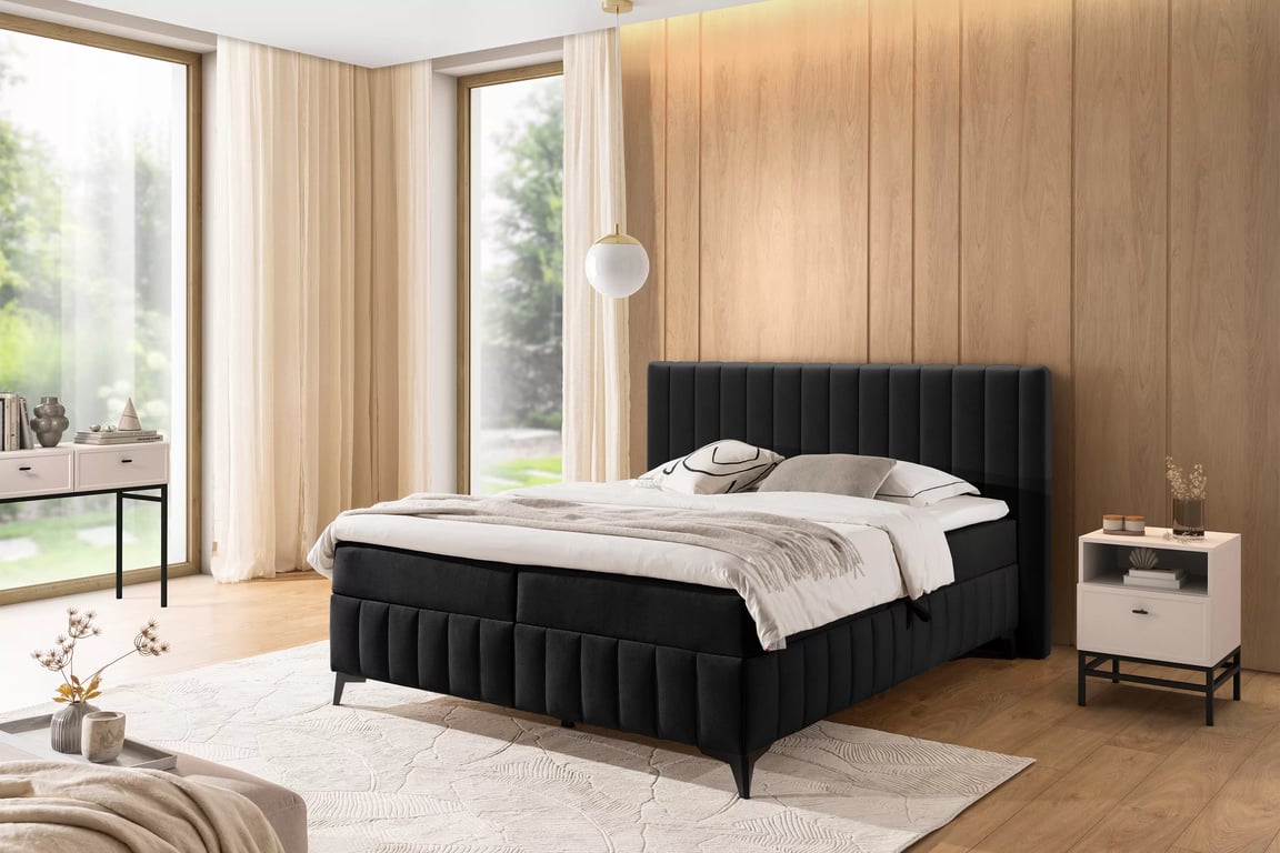 Kontinentální postel Verona 160x200 s úložným prostorem - černý hydrofobní velur Amon 13 Postel boxspring Verona 160x200 s úložním prostorem - černá samet hydrofobní  Amon 13