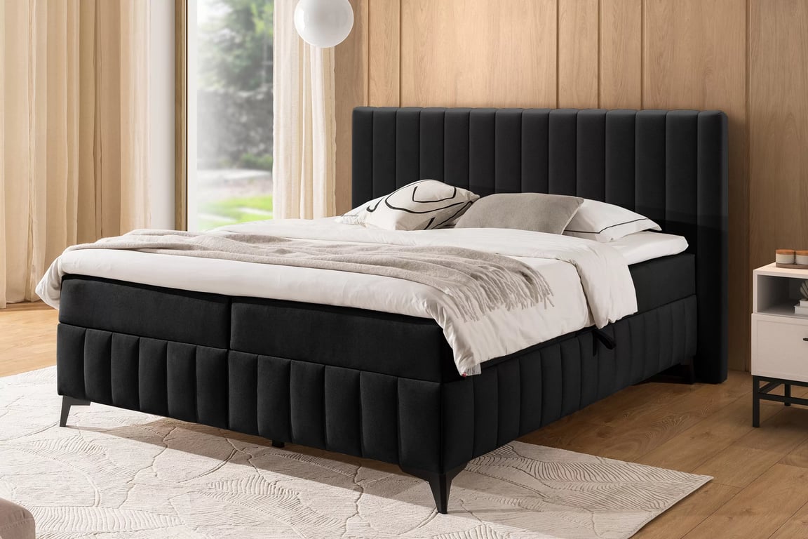 Kontinentální postel Verona 160x200 s úložným prostorem - černý hydrofobní velur Amon 13 Postel boxspring Verona 160x200 s úložním prostorem - černá samet hydrofobní  Amon 13