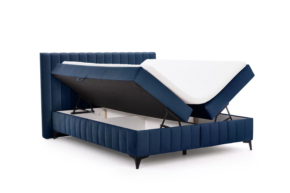 Kontinentálna posteľ Verona 160x200 s úložným priestorom – tmavomodrý hydrofóbny zamat Amon 07 Boxspring posteľ Verona 160x200 s úložným priestorom - námornícka modrá velúr hydrofobowy Amon 07