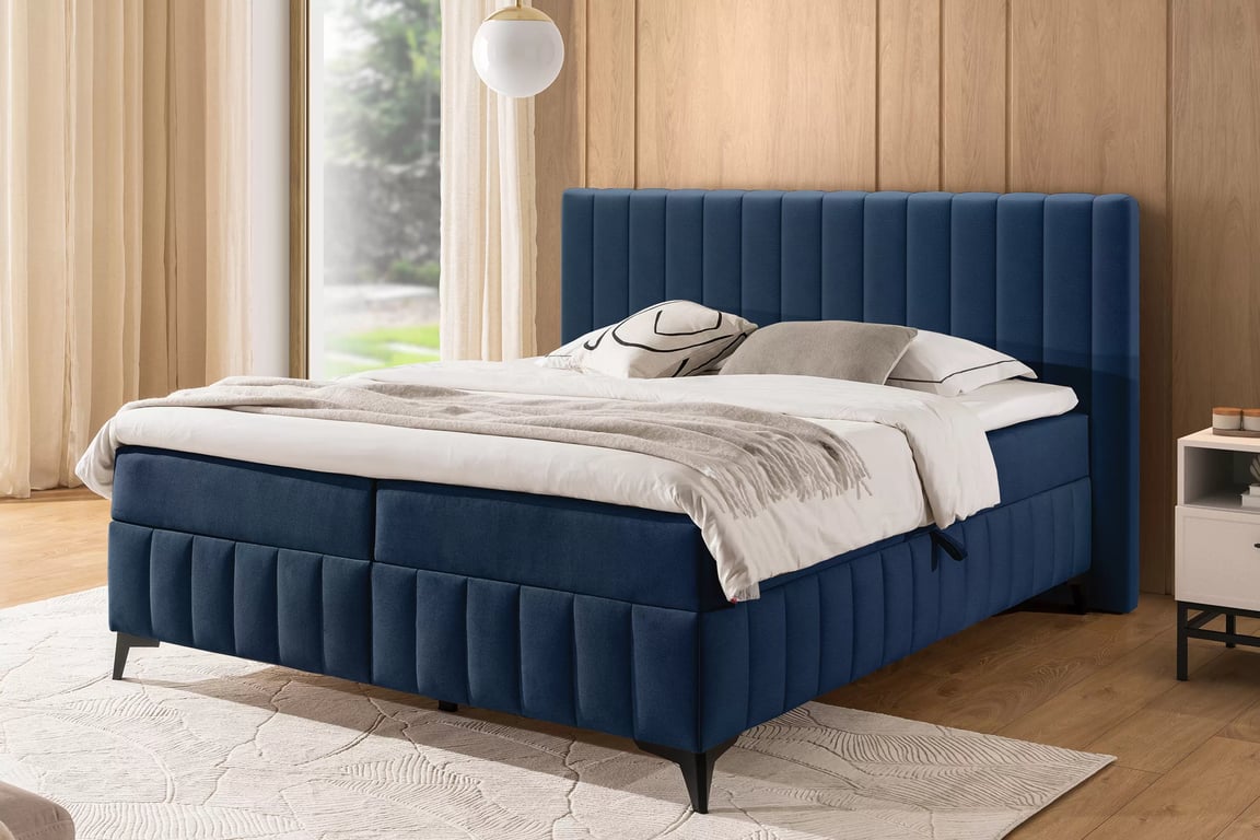 Kontinentálna posteľ Verona 160x200 s úložným priestorom – tmavomodrý hydrofóbny zamat Amon 07 Boxspring posteľ Verona 160x200 s úložným priestorom - námornícka modrá velúr hydrofobowy Amon 07