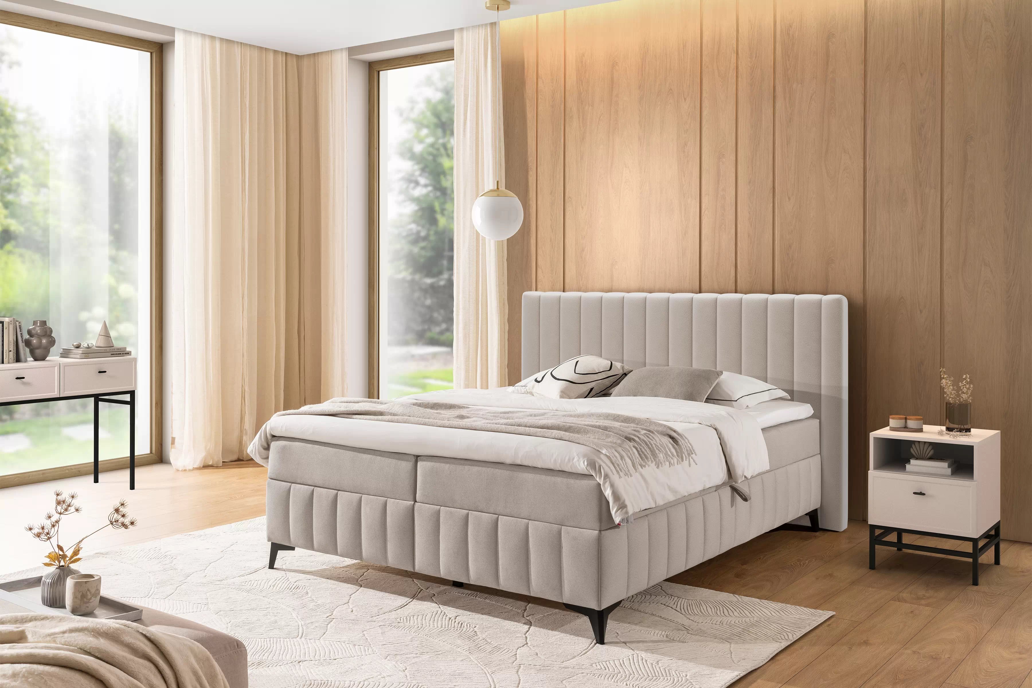 Boxspring posteľ Verona 160x200 s úložným priestorom – svetlobéžový hydrofóbny zamat Amon 17 Boxspring posteľ Verona 160x200 s úložným priestorom - svetlý Béžová velúr hydrofobowy Amon 17