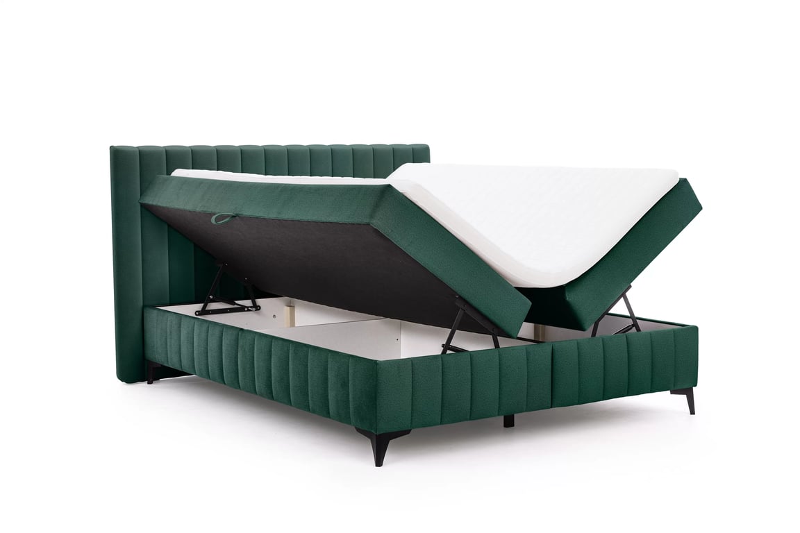 Kontinentálna posteľ Verona 160x200 s úložným priestorom – zelený hydrofóbny zamat Amon 06 Boxspring posteľ Verona 160x200 s úložným priestorom - Zelený velúr hydrofobowy Amon 06