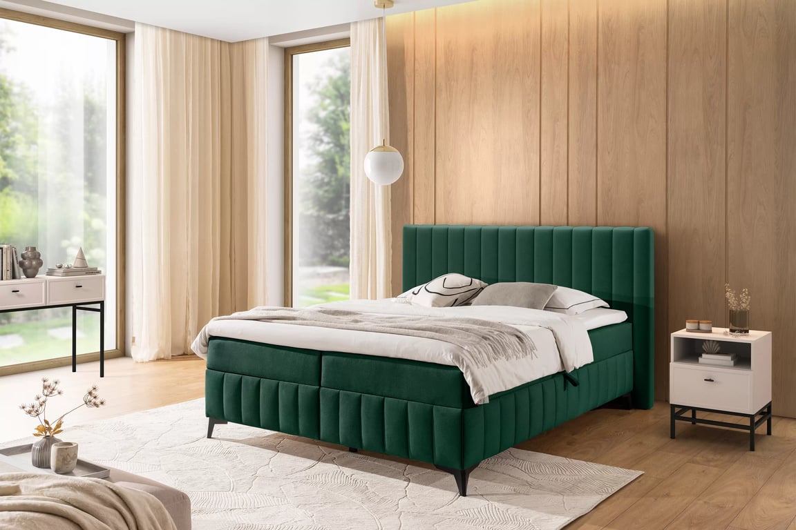 Kontinentálna posteľ Verona 160x200 s úložným priestorom – zelený hydrofóbny zamat Amon 06 Boxspring posteľ Verona 160x200 s úložným priestorom - Zelený velúr hydrofobowy Amon 06