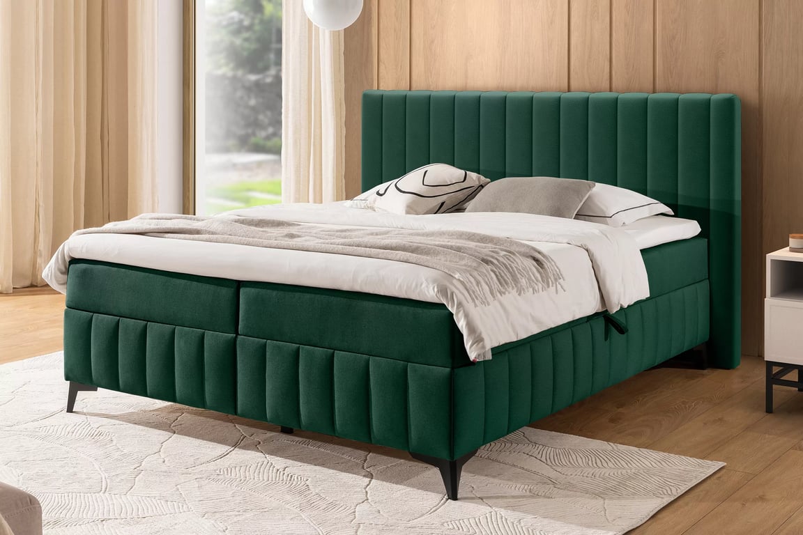 Kontinentálna posteľ Verona 160x200 s úložným priestorom – zelený hydrofóbny zamat Amon 06 Boxspring posteľ Verona 160x200 s úložným priestorom - Zelený velúr hydrofobowy Amon 06