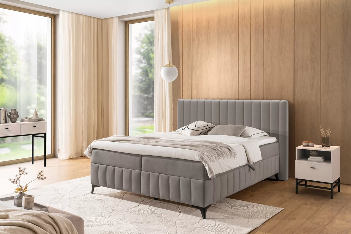 Kontinentálna posteľ Verona 180x200 s úložným priestorom – béžový hydrofóbny zamat Amon 16 Boxspring posteľ Verona 180x200 s úložným priestorom - béžový velúr hydrofobowy Amon 16 