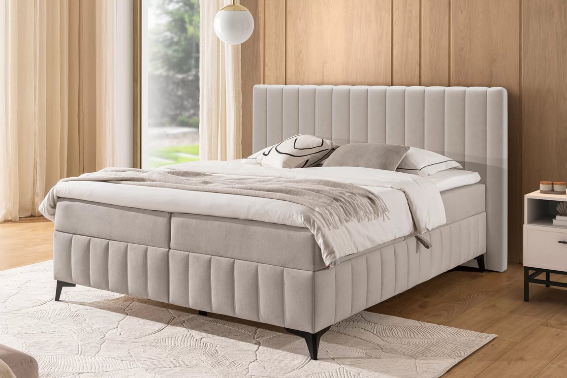 Kontinentálna posteľ Verona 180x200 s úložným priestorom – svetlobéžový hydrofóbny zamat Amon 17 Boxspring posteľ Verona 180x200 s úložným priestorom - svetlý Béžová velúr hydrofobowy Amon 17 