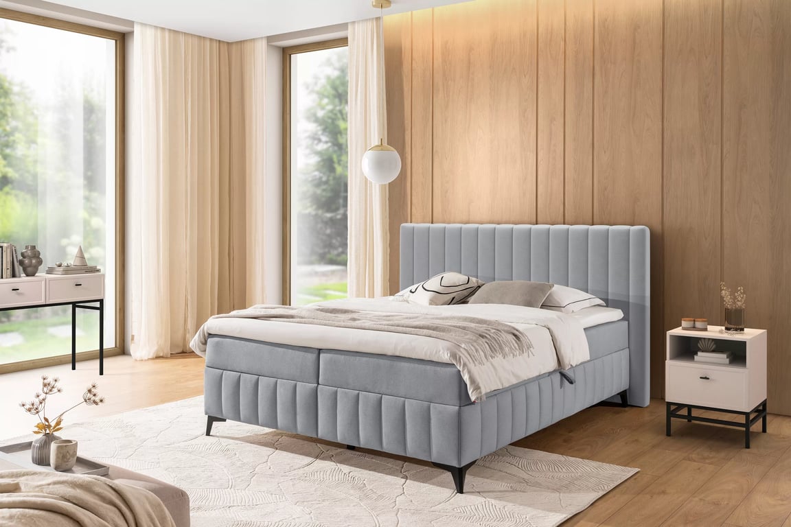Kontinentálna posteľ Verona 180x200 s úložným priestorom – sivý hydrofóbny zamat Amon 10 Boxspring posteľ Verona 180x200 s úložným priestorom - šedý velúr hydrofobowy Amon 10 