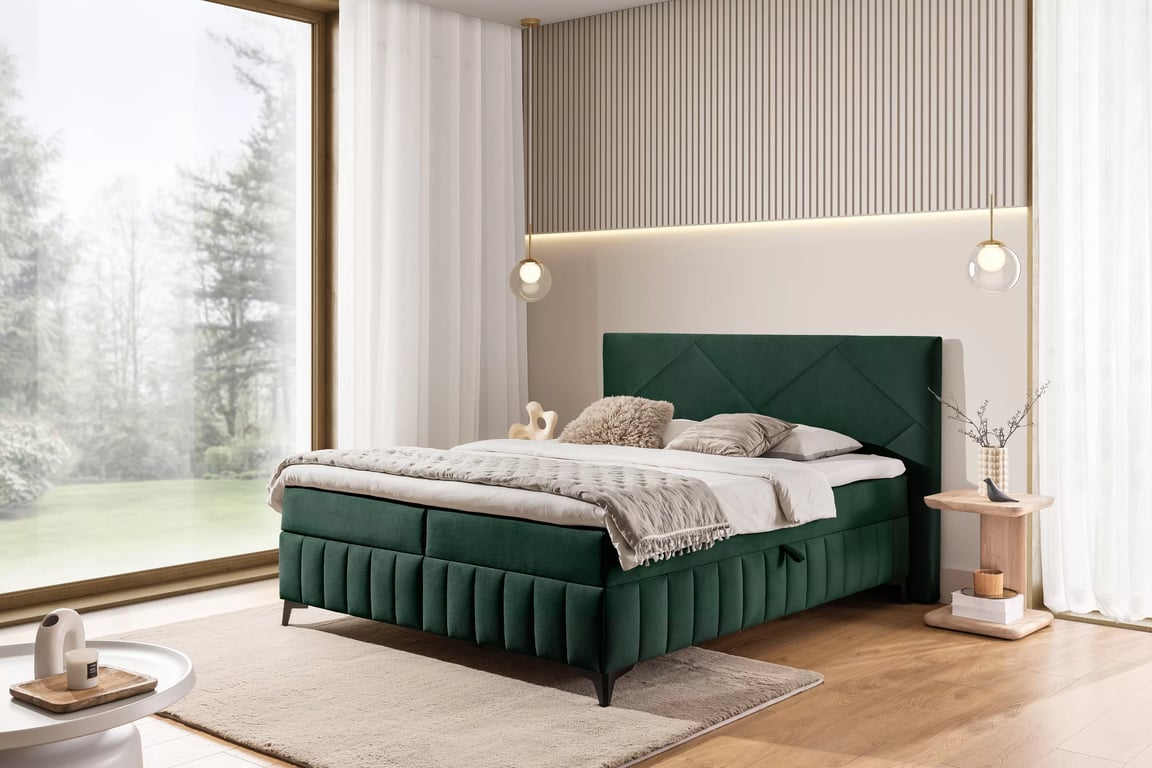 Posteľ Boxspring Wasil 160x200 s úložným priestorom - zelený hydrofóbny zamat Element 12 Boxspring posteľ Wasil 160x200 s úložným priestorom - Zelený zamat hydrofobowy Element 12