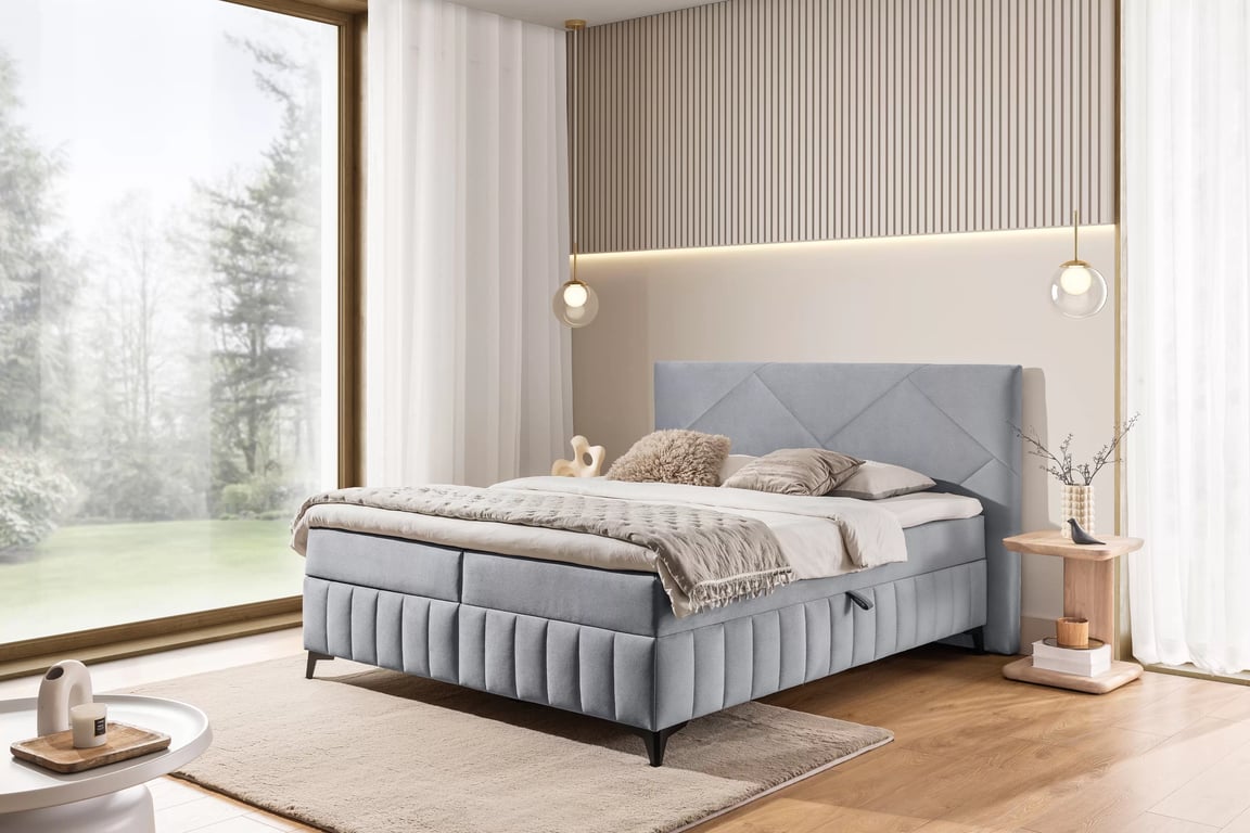 Posteľ Boxspring Wasil 180x200 s úložným priestorom - popolavý hydrofóbny zamat Element 24 Boxspring posteľ Wasil 180x200 s úložným priestorom - Popolový zamat hydrofobowy Element 24