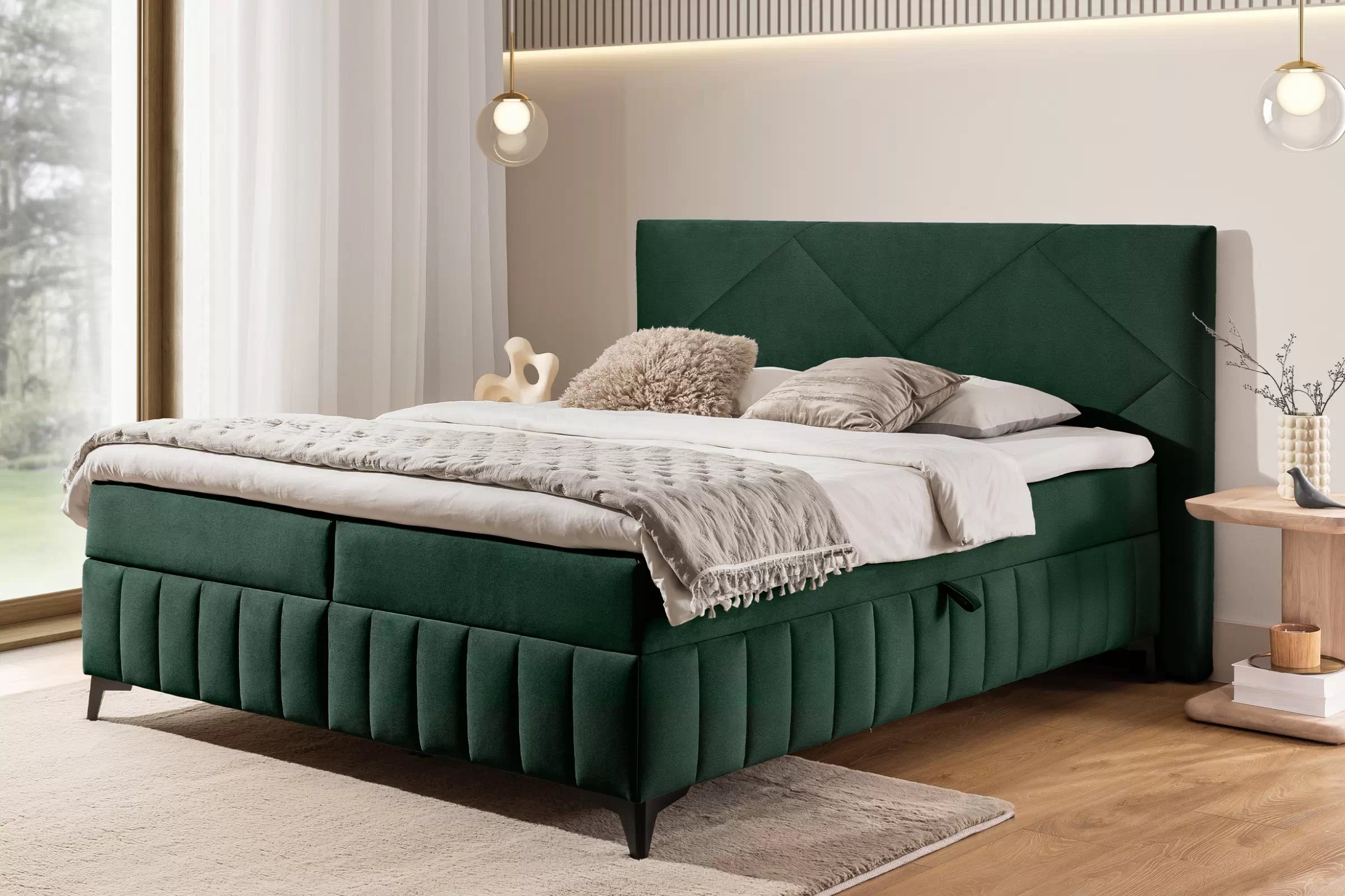 Boxspring postel Wasil 180x200 cm s úložným prostorem - zelená látka Element 12 Postel boxspring Wasil 180x200 s úložním prostorem - zelená samet hydrofobní  Element 12
