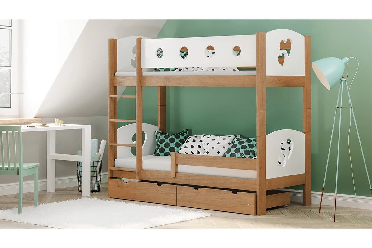 Patrová postel Marcelina - s motivem srdcí postel pietrowe w barevným odstínu olchy