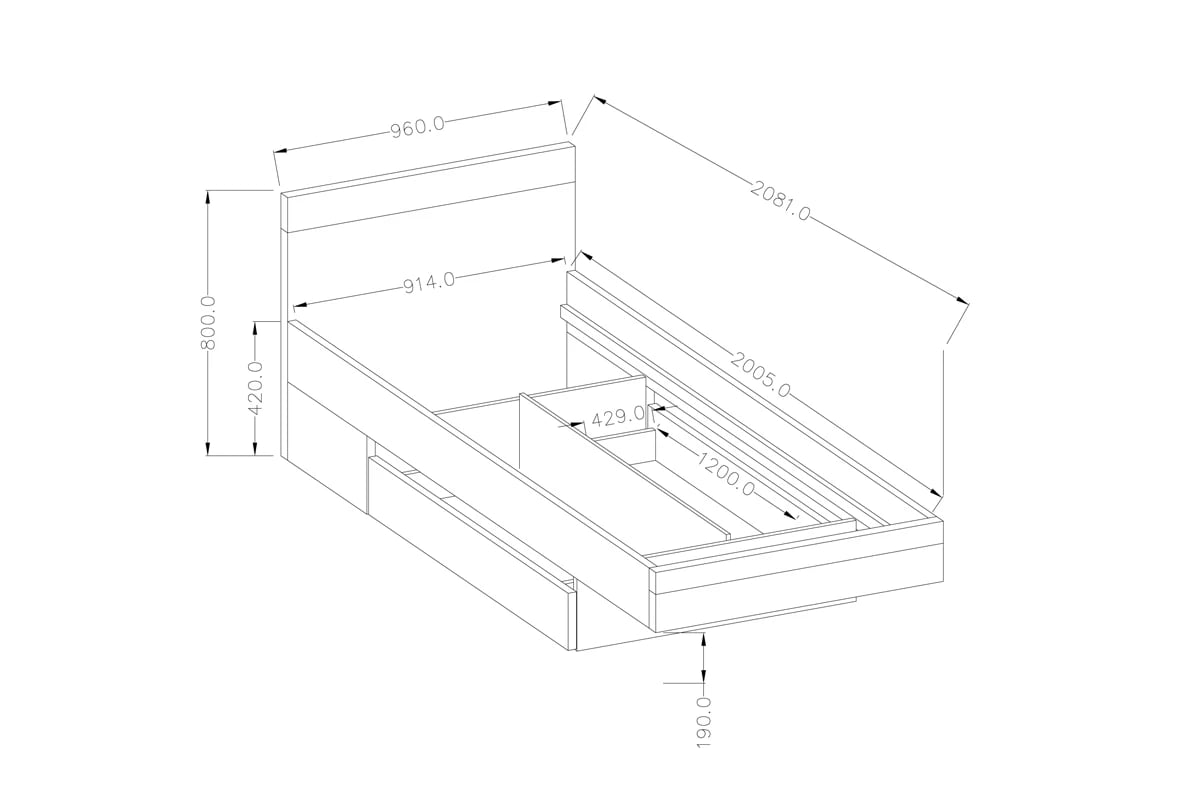 Posteľ mlodziezowe 90 x 200 Bota Biely/beton Colorado - Koncovka Série  Posteľ so zásuvkami 