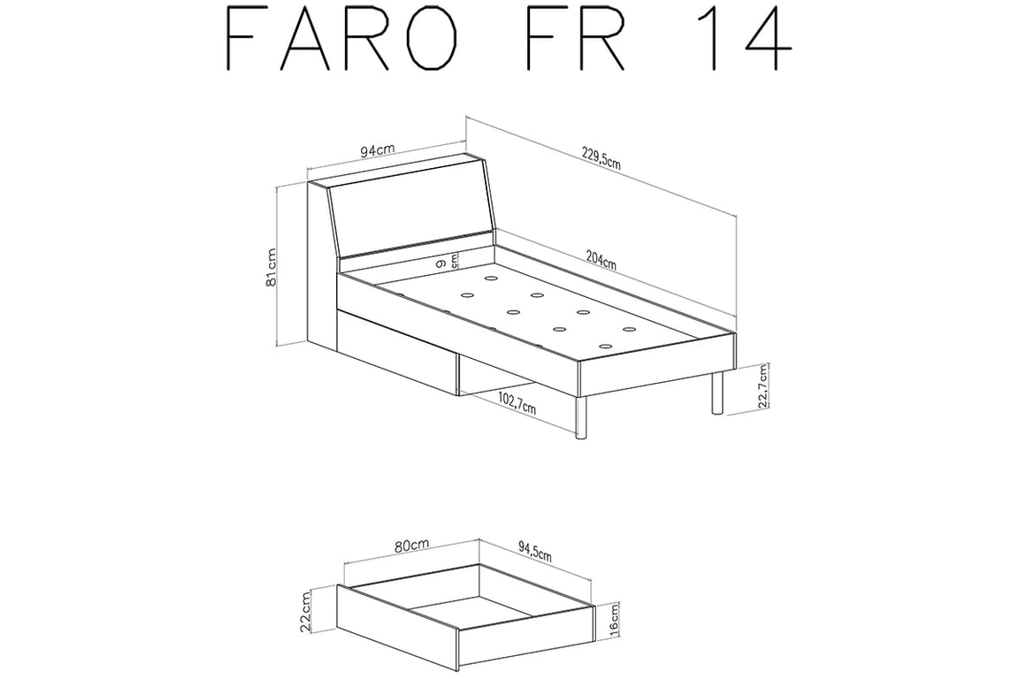 Postel Faro FR14 90x200 cm - bílý lux / dub artisan / šedá Mládežnická postel 90x200 Faro FR14 - Bílý lux / Dub artisan / šedý - schemat