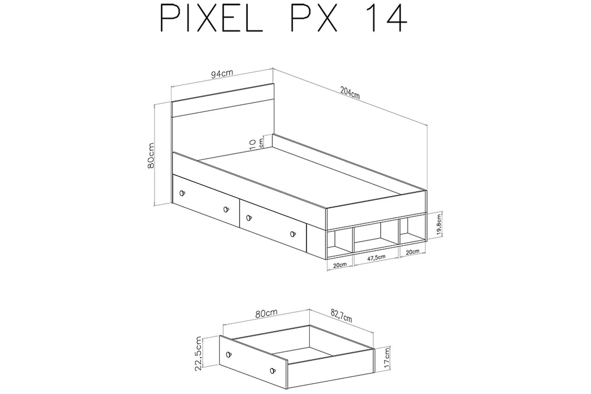 Postel Pixel 14 - 90x200 cm - dub piškotový / bílý lux / šedá Mládežnická postel 90x200 Pixel 14 - dub piškotový/Bílý lux/šedý - Rozměry