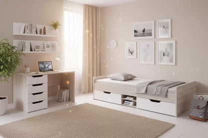 Detská posteľ Lumo 15 90x200 so zásuvkami a úložným priestorom - dub wilton biely / biely lux / antracit Posteľ mlodziezowe Lumo 15 90x200 so zásuvkami a úložným priestorom - Dub wilton biela / biela lux / Antracytová