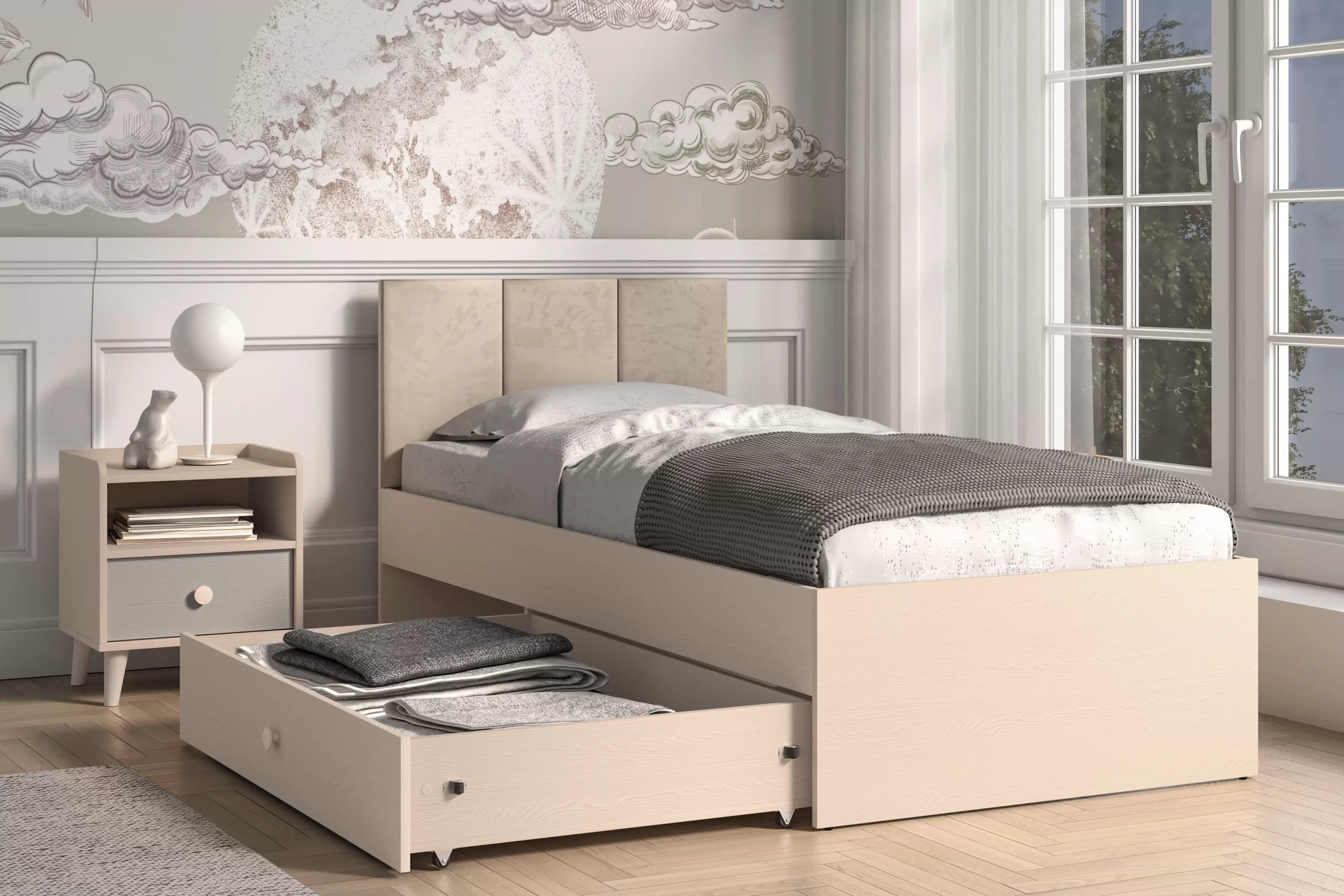 Detská posteľ Marla 90x200 cm - béžový velúr Nice 2 / púštny piesok Posteľ mlodziezowe Marla 90x200 cm - béžový velúr Nice 2 / piasek pustyni